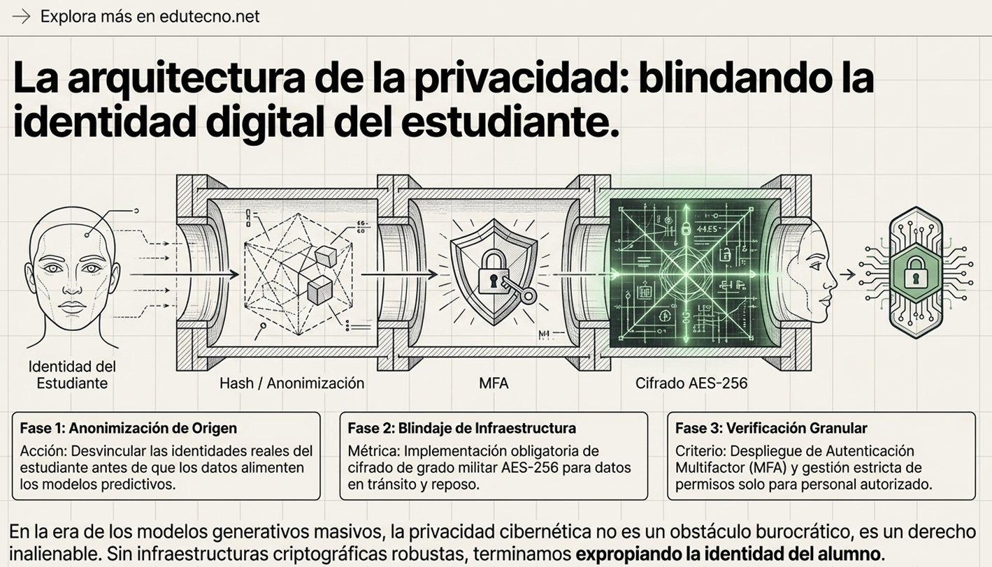 Ilustración educativa con rostro, cajas de cifrado, icono de candado y texto sobre privacidad digital del estudiante.