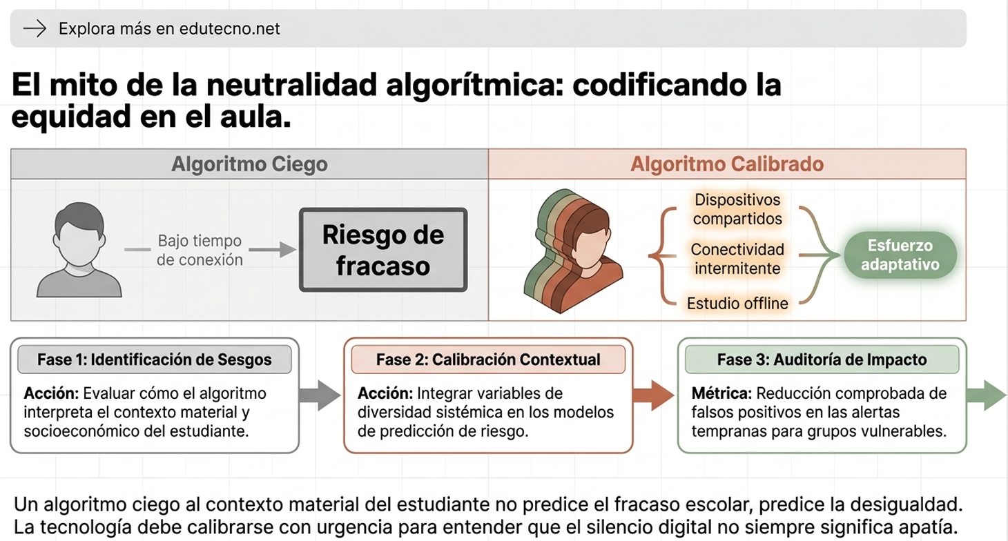 Infografía sobre neutralidad algorítmica: algoritmo ciego vs calibrado, fases y texto educativo en español.