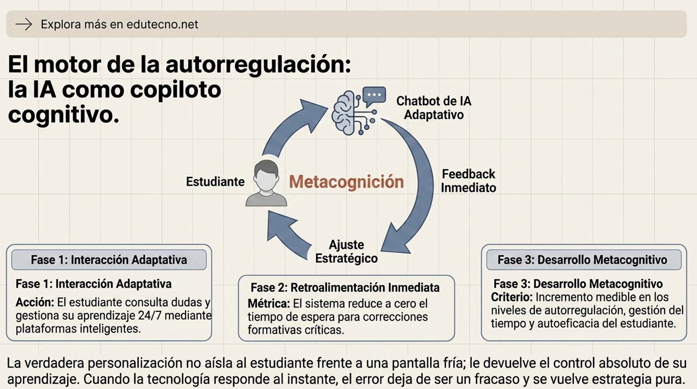Infografía educativa con texto sobre autorregulación de IA, metacognición, estudiante y flechas entre fases.