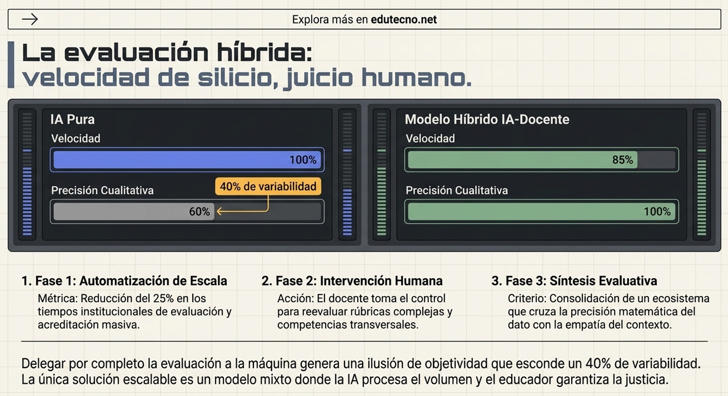 Infografía sobre evaluación híbrida con dos paneles de IA, porcentajes de velocidad y precisión, y fases explicativas.