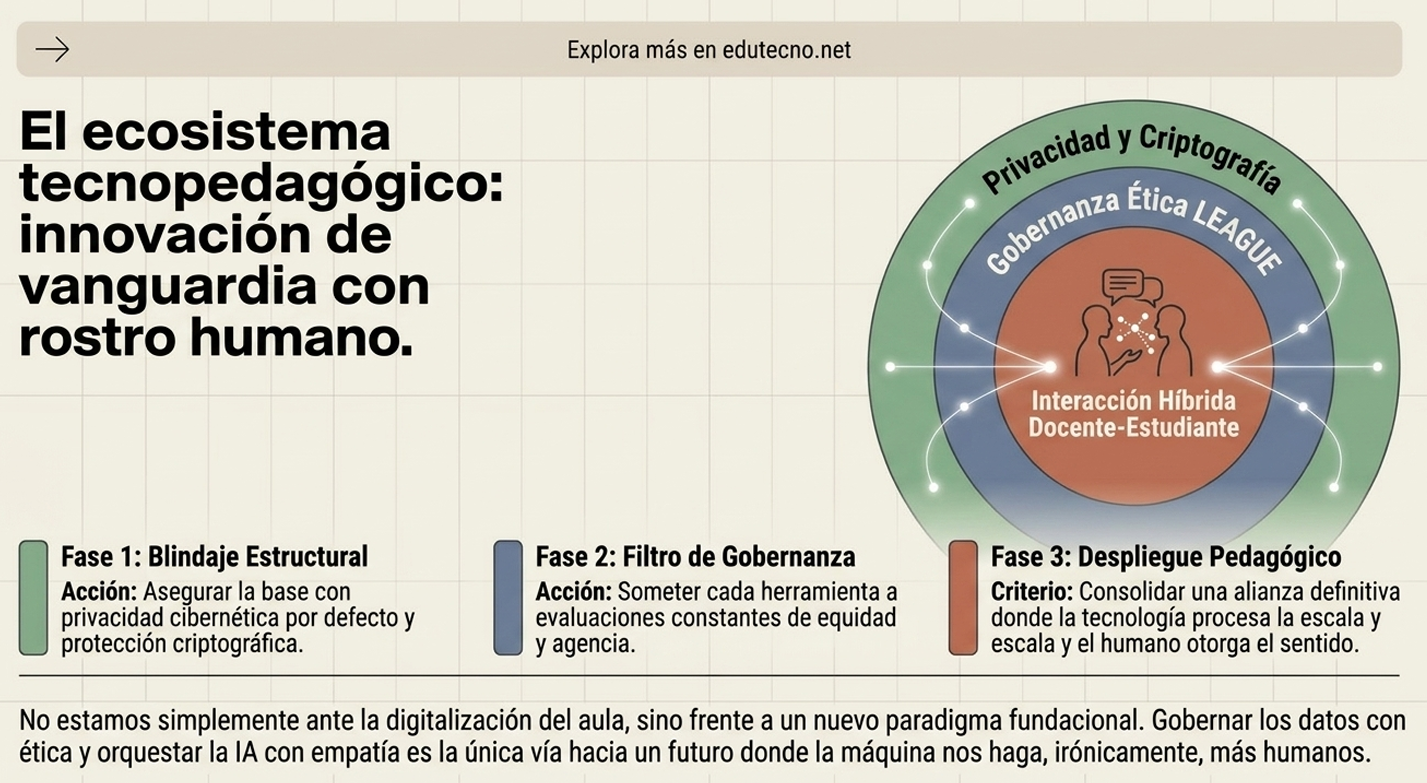 Infografía educativa con texto sobre ecosistema tecnopedagógico y diagrama circular de fases, privacidad y criptografía.