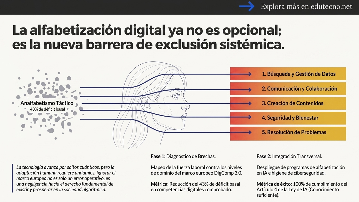 Ilustración con rostro lineal, flechas y lista de cinco etapas de alfabetización digital, con texto informativo.