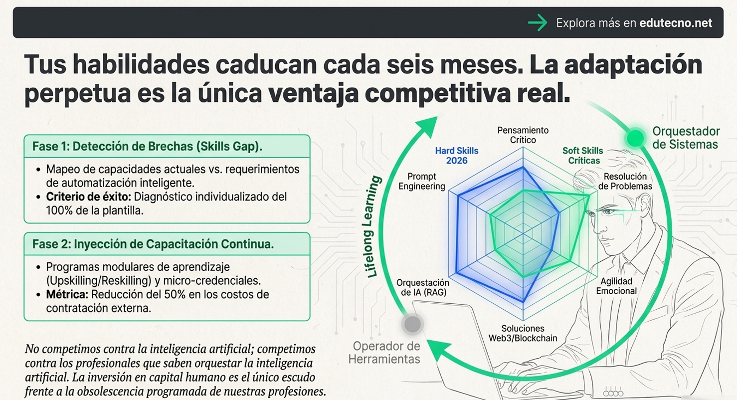 Infografía tecnológica con gráfico radar, texto sobre habilidades y un operador con herramientas, fondo de circuitos.