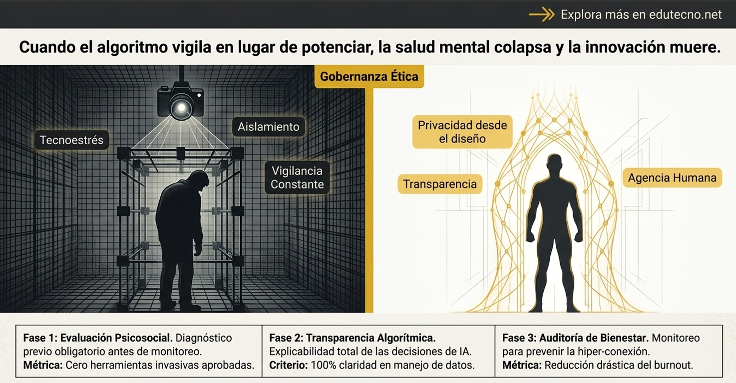 Ilustración dividida: vigilancia constante en un pasillo oscuro y, a la derecha, privacidad y agencia humana.