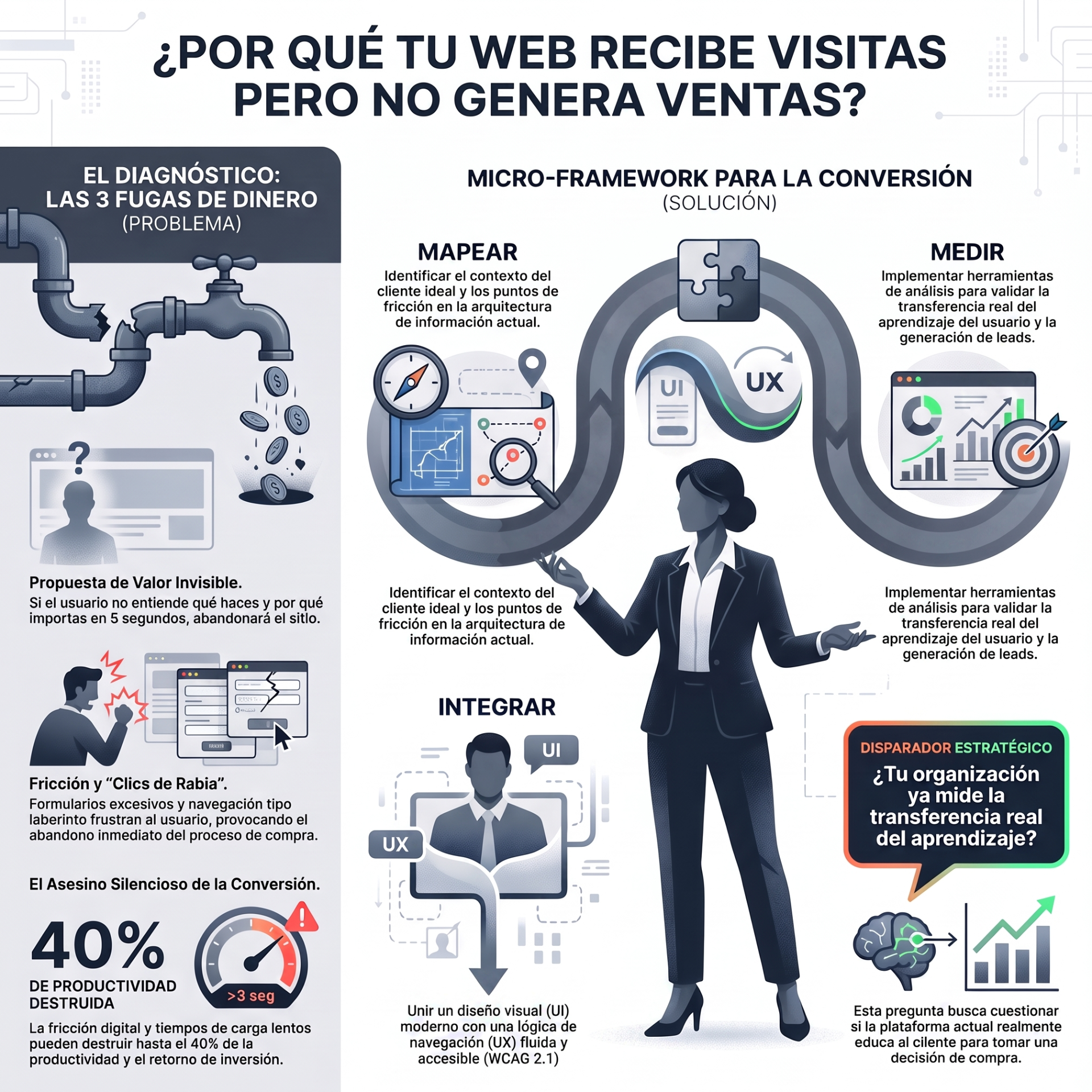 Infografía sobre conversión web: fugas de dinero, micro-framework, mapeo, medición e integración, con gráficos y personaje.