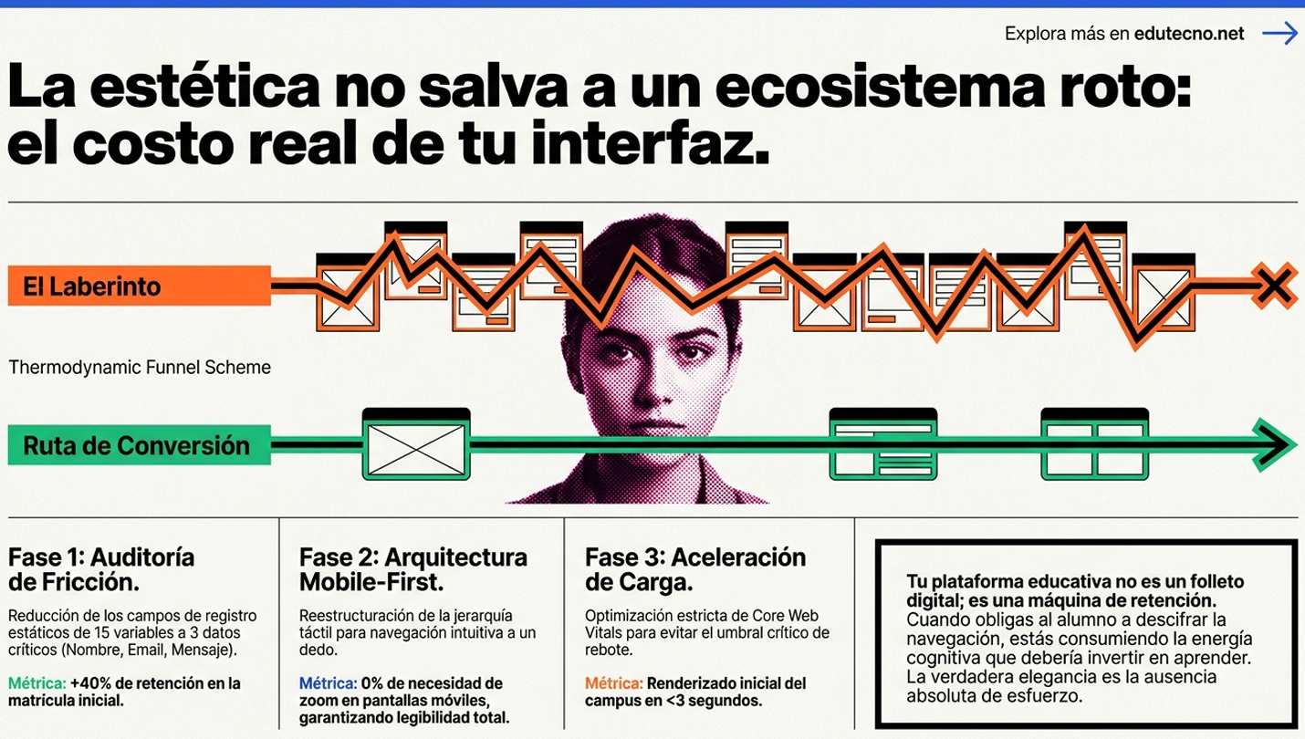 Infografía con texto sobre estética y costo de interfaz, con diagrama de ruta y fases numeradas.