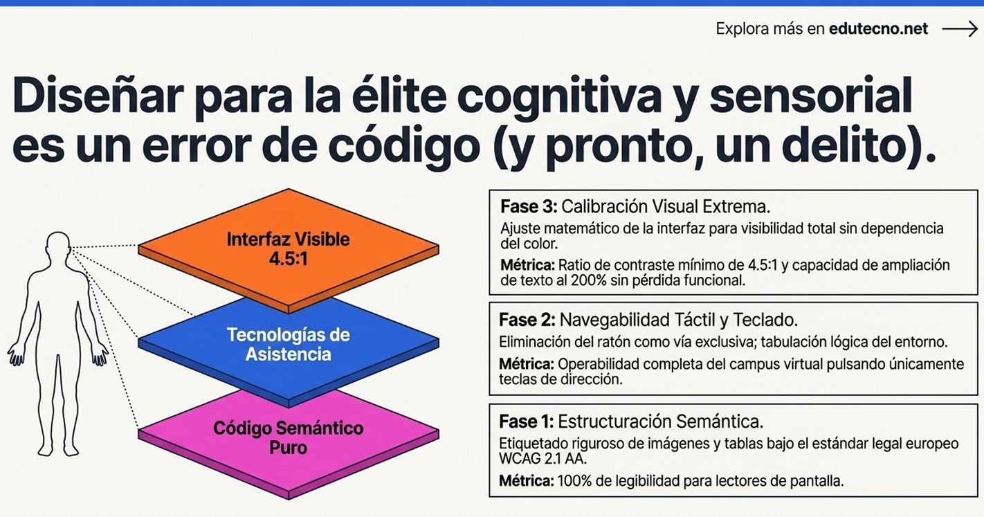 Diagrama con tres capas de interfaz, texto sobre fases y métricas de accesibilidad, con figura humana.