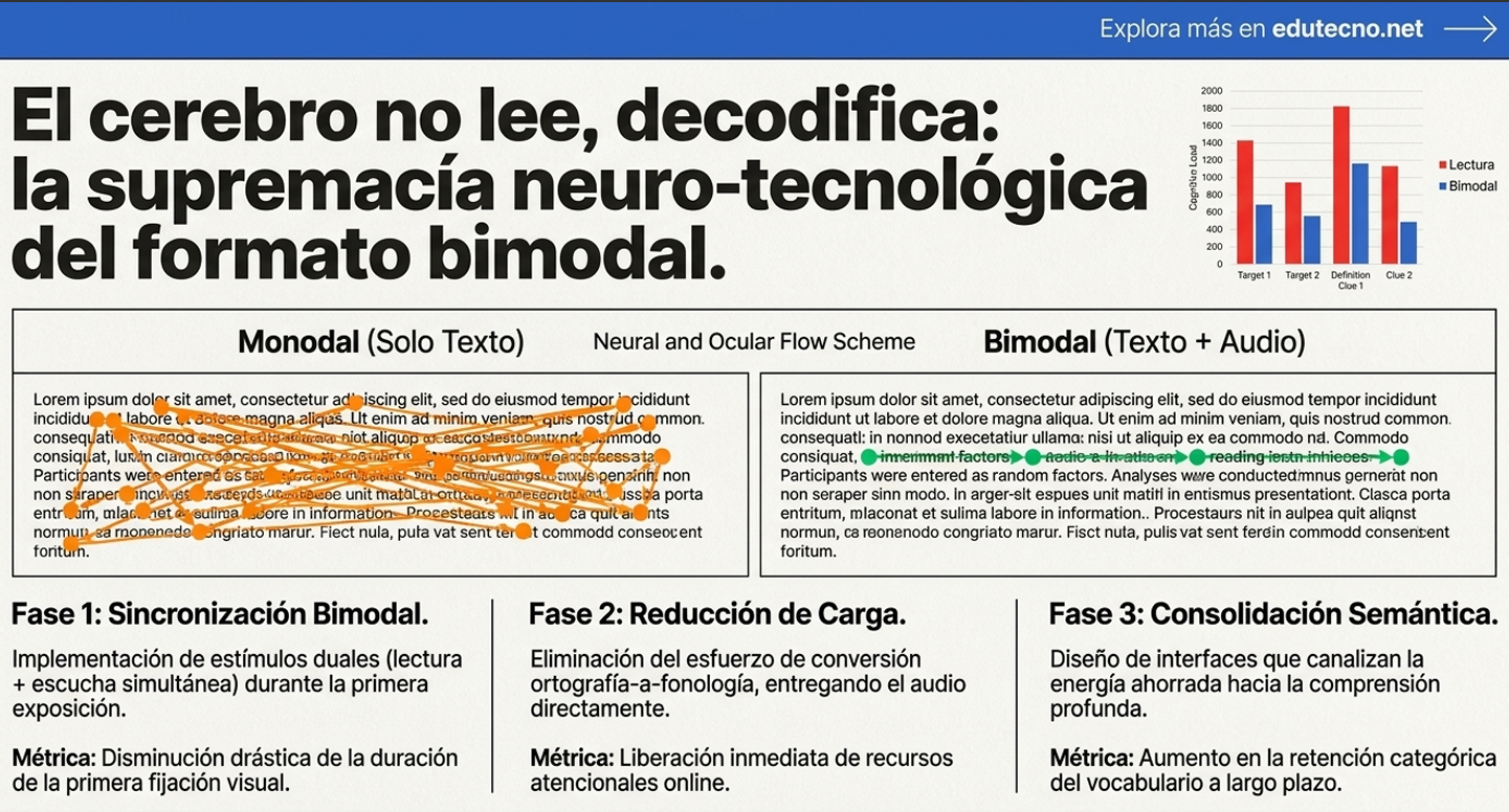 Portada con texto sobre cerebro y formato bimodal, gráfico de barras y tres fases explicativas.