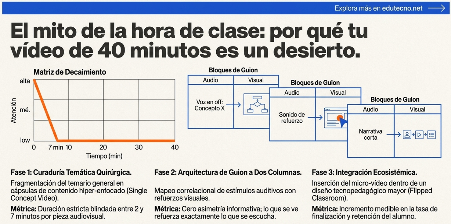 Gráfico educativo con texto sobre guion, bloques de audio y visual, y matriz de atención vs tiempo.