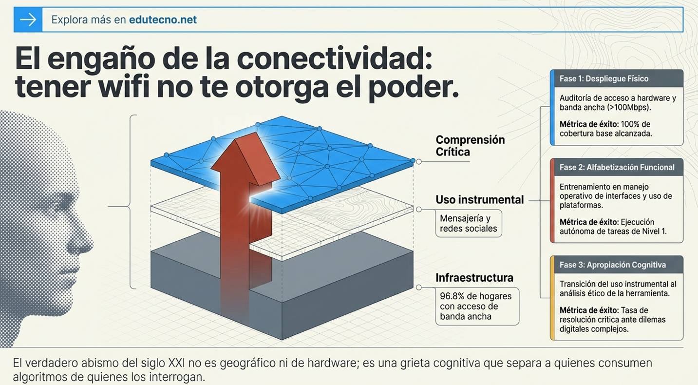Ilustración sobre conectividad: red azul, servidor con flecha roja y texto de fases y métricas.