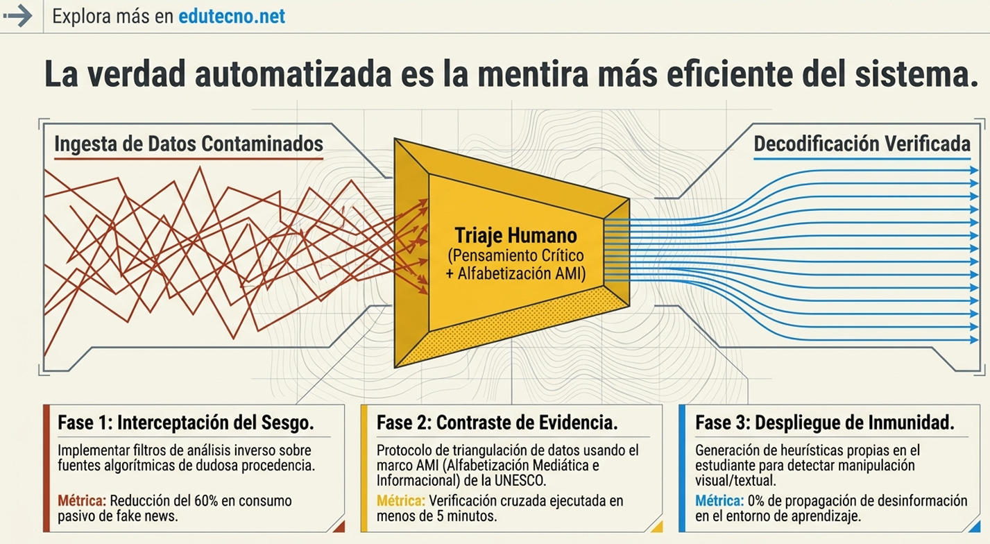 Diagrama educativo con triángulo “Triaje Humano” y flechas, fases de sesgo, evidencia e inmunidad.