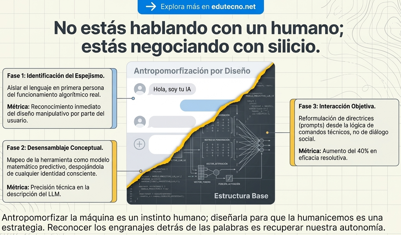 Infografía sobre antropomorfización de IA, con texto, fases y diagrama tecnológico en fondo cuadriculado.