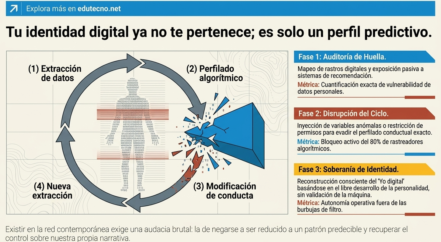Diagrama sobre identidad digital con flechas, extracción de datos, perfilado algorítmico y fases de auditoría y soberanía.