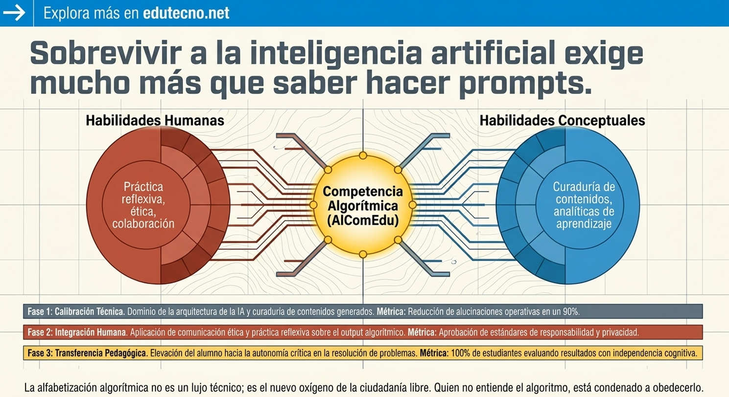 Infografía educativa con dos círculos conectados por circuitos, texto sobre competencia algorítmica y habilidades humanas y conceptuales.