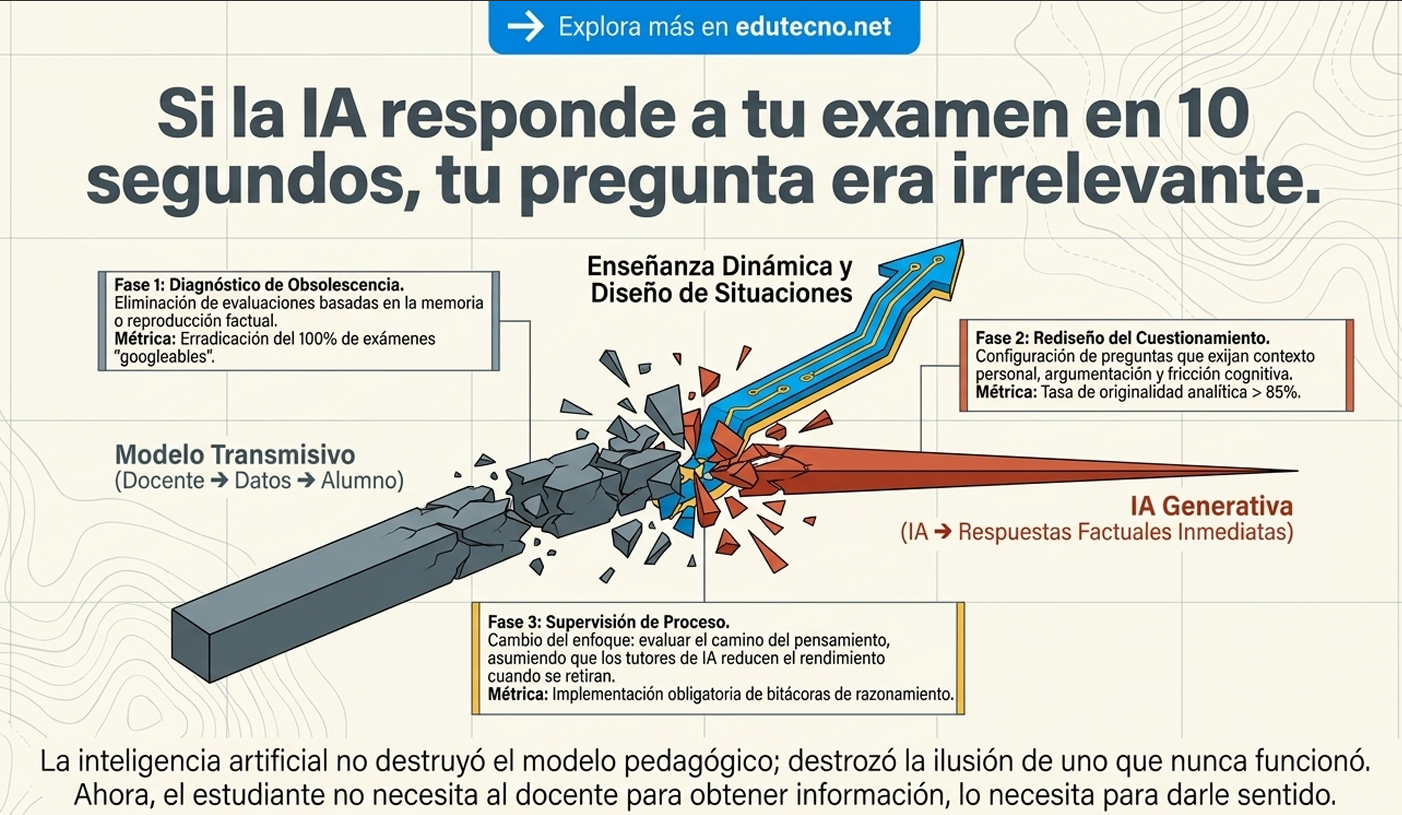 Infografía educativa con texto sobre IA generativa, modelo transmisivo y fases de rediseño del cuestionamiento.