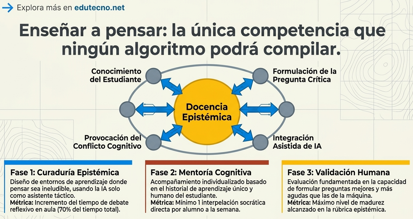 Diagrama educativo con texto “Docencia Epistémica” y flechas, fases de curaduría, mentoría y validación humana.