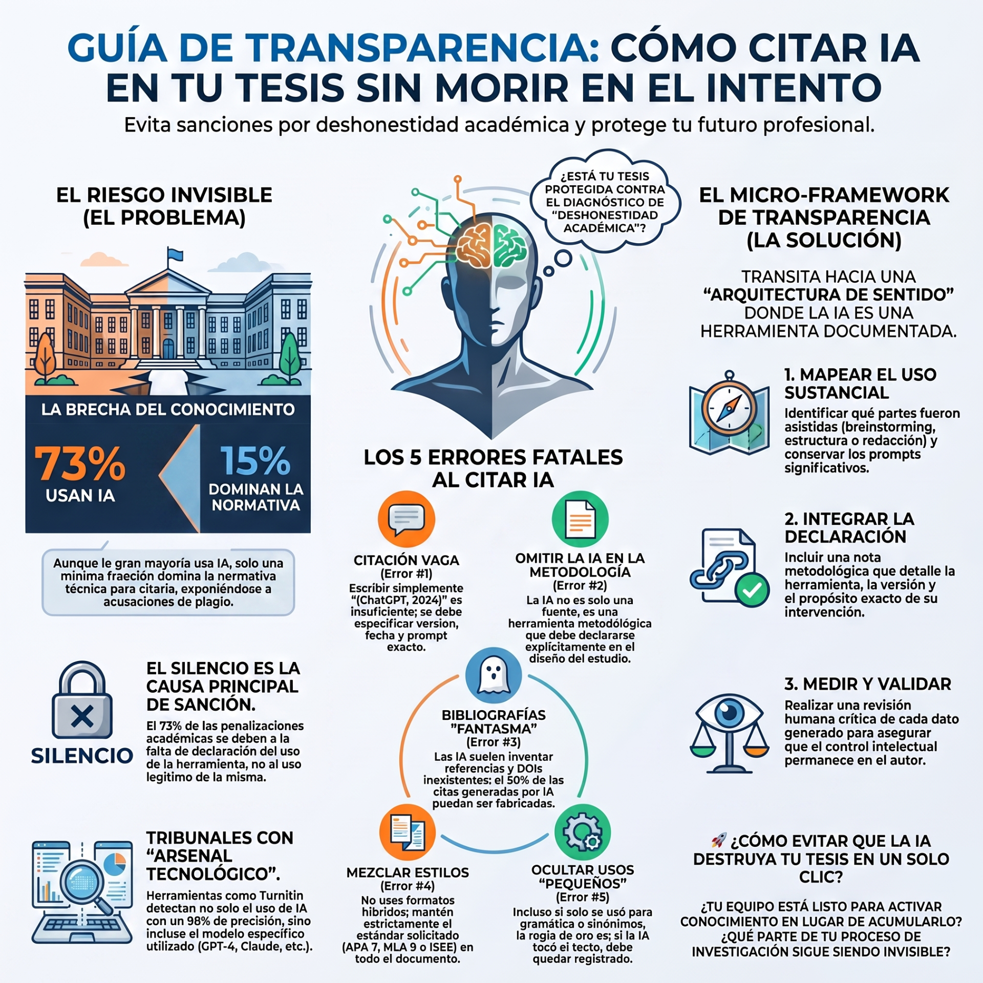 Infografía sobre transparencia al citar IA en tesis, con ilustración de cerebro y pasos numerados.