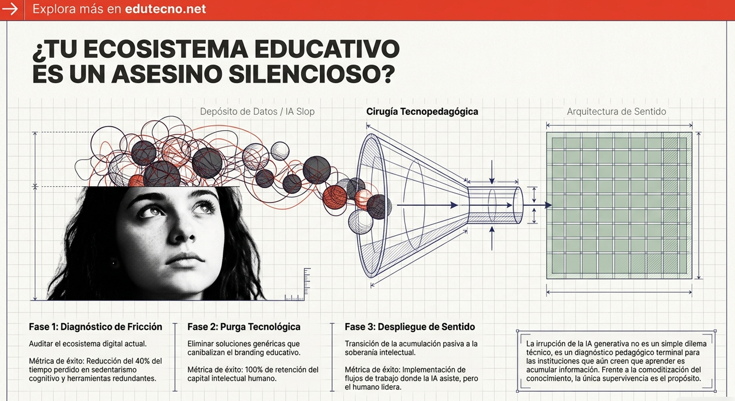 Ilustración educativa con texto, retrato femenino y diagramas de datos, cirugía tecnopedagógica y arquitectura de sentido.