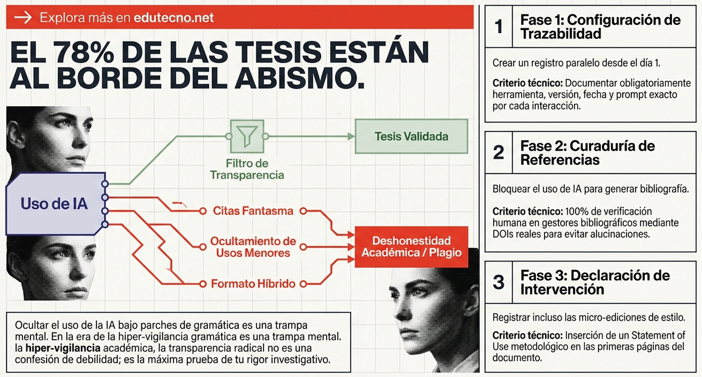 Infografía educativa sobre uso de IA en tesis, con flujo “citas fantasma” y fases de trazabilidad.