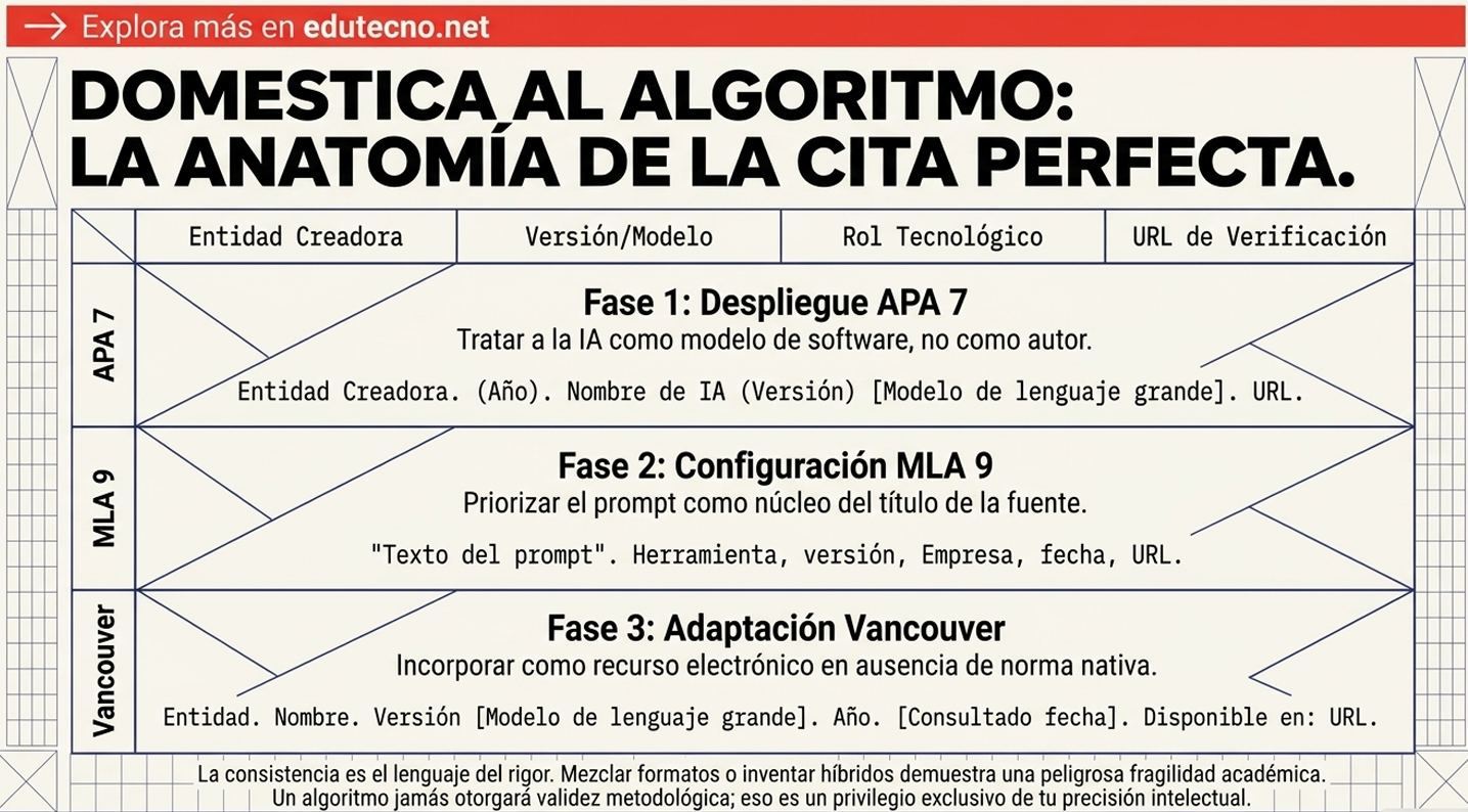 Infografía en español con título “Domestica al algoritmo” y fases APA, MLA y Vancouver en tabla.