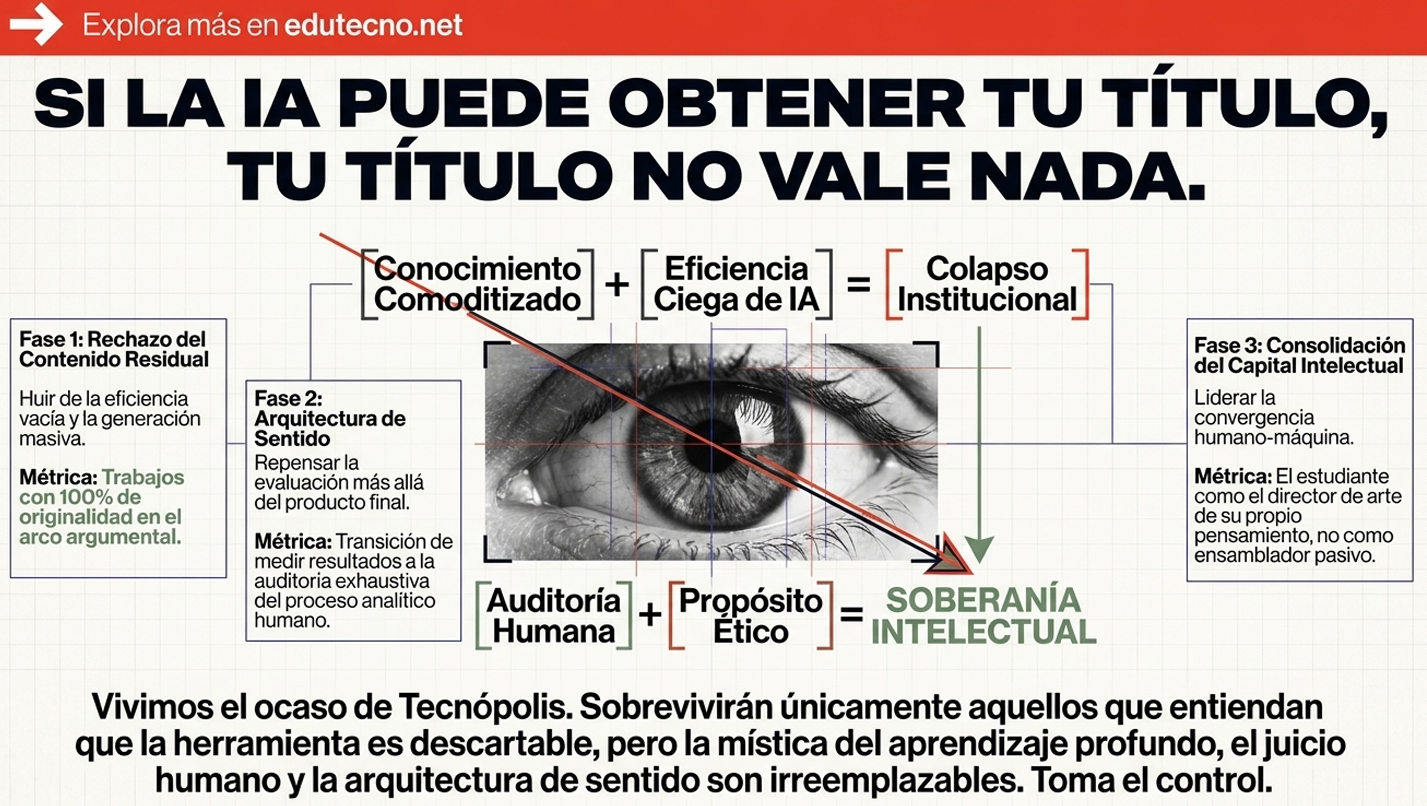 Diagrama sobre IA y soberanía intelectual con ojo en primer plano y texto motivacional en fondo cuadriculado.