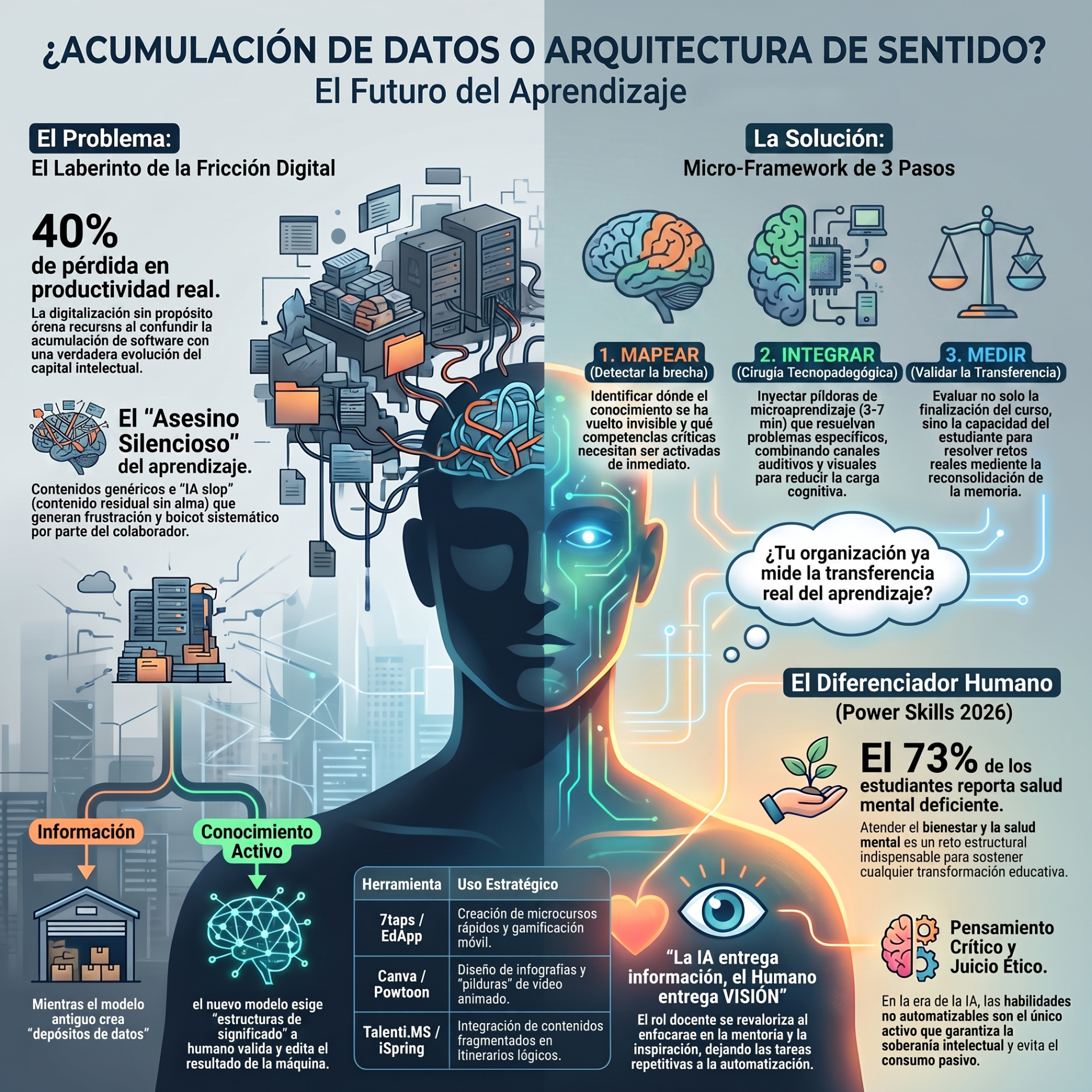 Infografía sobre aprendizaje con IA: fricción digital, microframework de tres pasos y métricas de transferencia real.