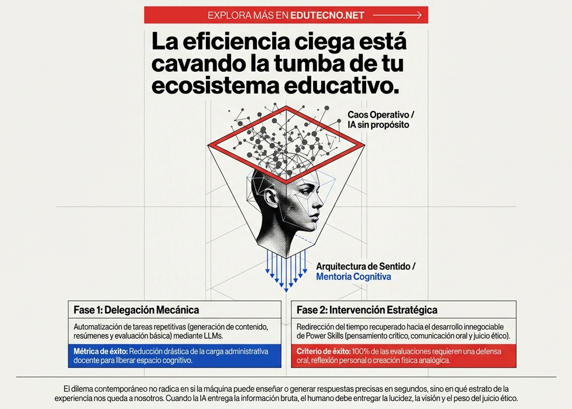 Infografía con texto sobre eficiencia en educación, cabeza humana y diagrama de IA con fases y métricas.