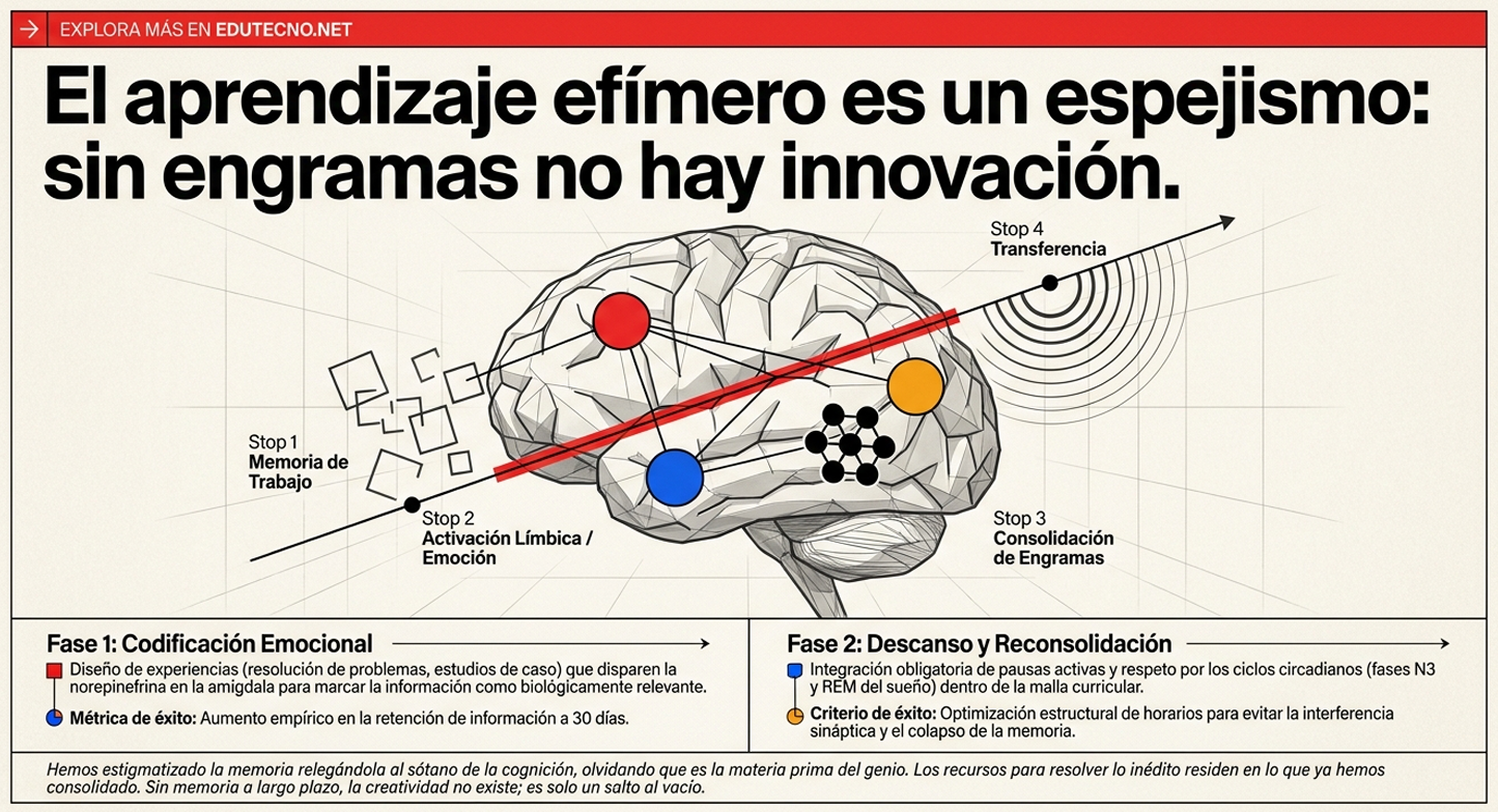 Ilustración de un cerebro con etapas de aprendizaje, texto motivacional y flechas sobre memoria y consolidación.