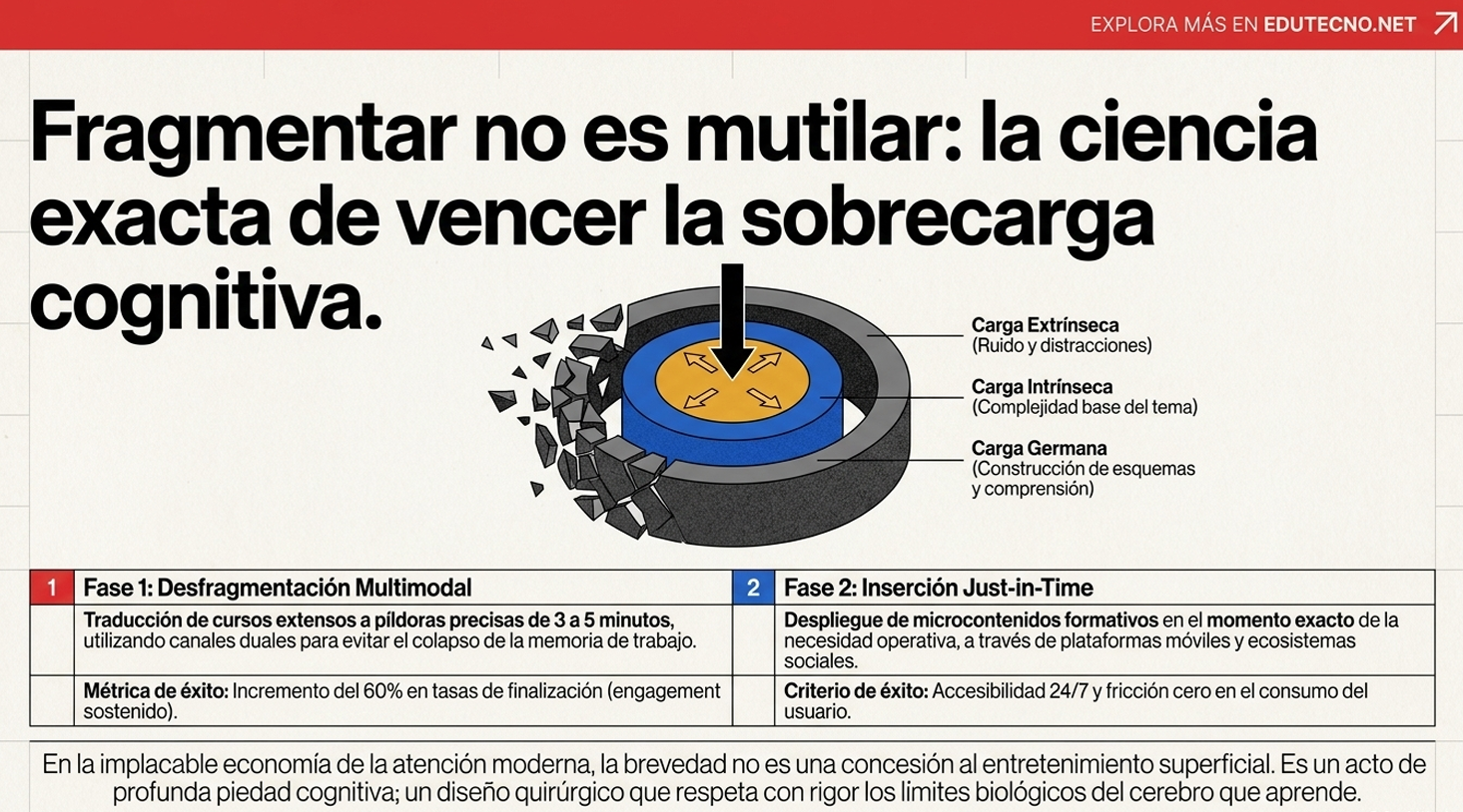 Ilustración educativa con texto sobre fragmentar la ciencia, diagrama de cargas cognitivas y fases de aprendizaje.