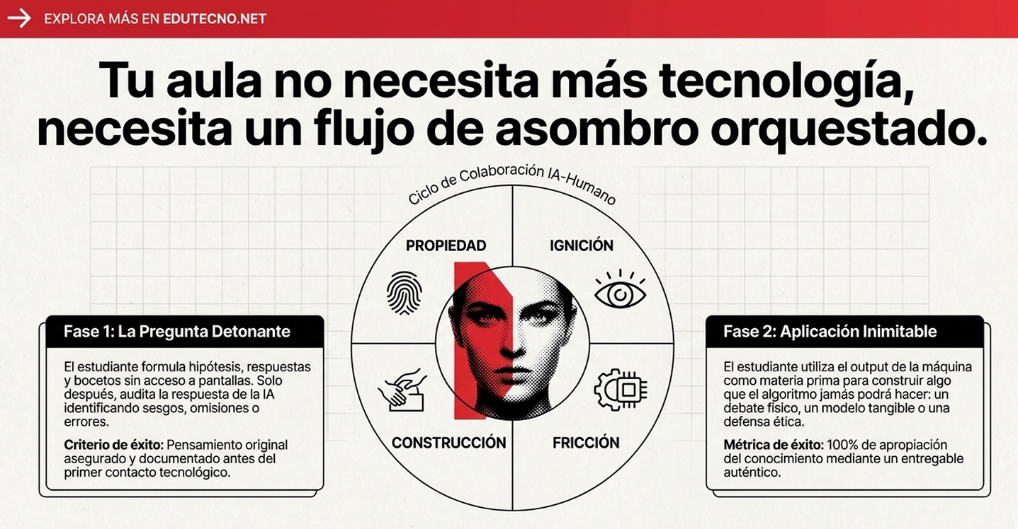 Ilustración educativa con texto grande, diagrama circular de colaboración IA-humano y fases con recuadros.