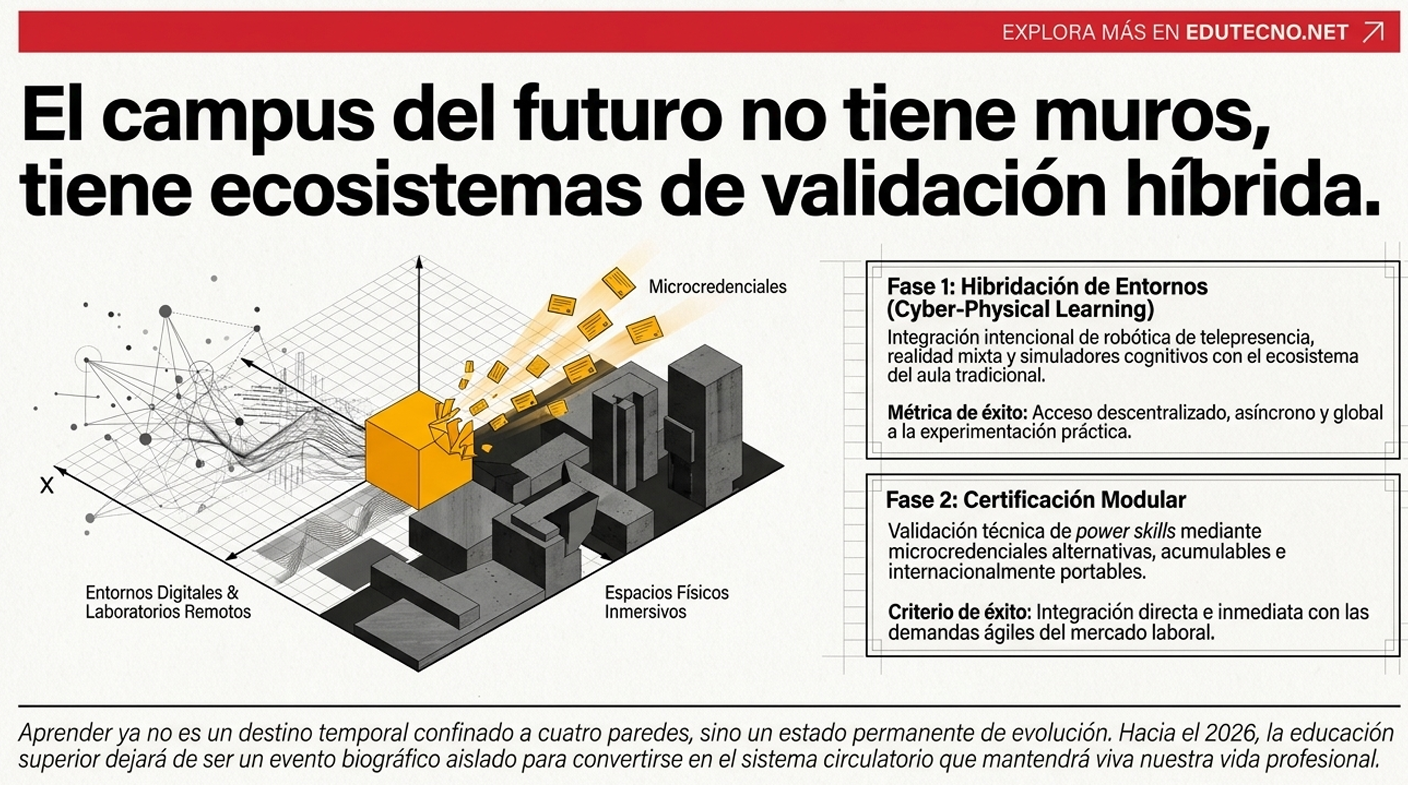 Ilustración futurista con campus híbrido, edificios grises, microcredenciales y texto sobre validación cyber-physical.