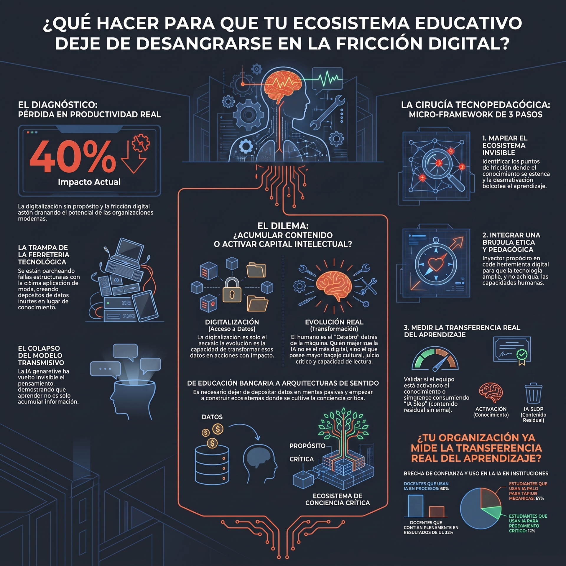 Infografía educativa oscura con cerebro digital, gráficos y pasos sobre fricción, cirugía tecnopedagógica y transferencia real.
