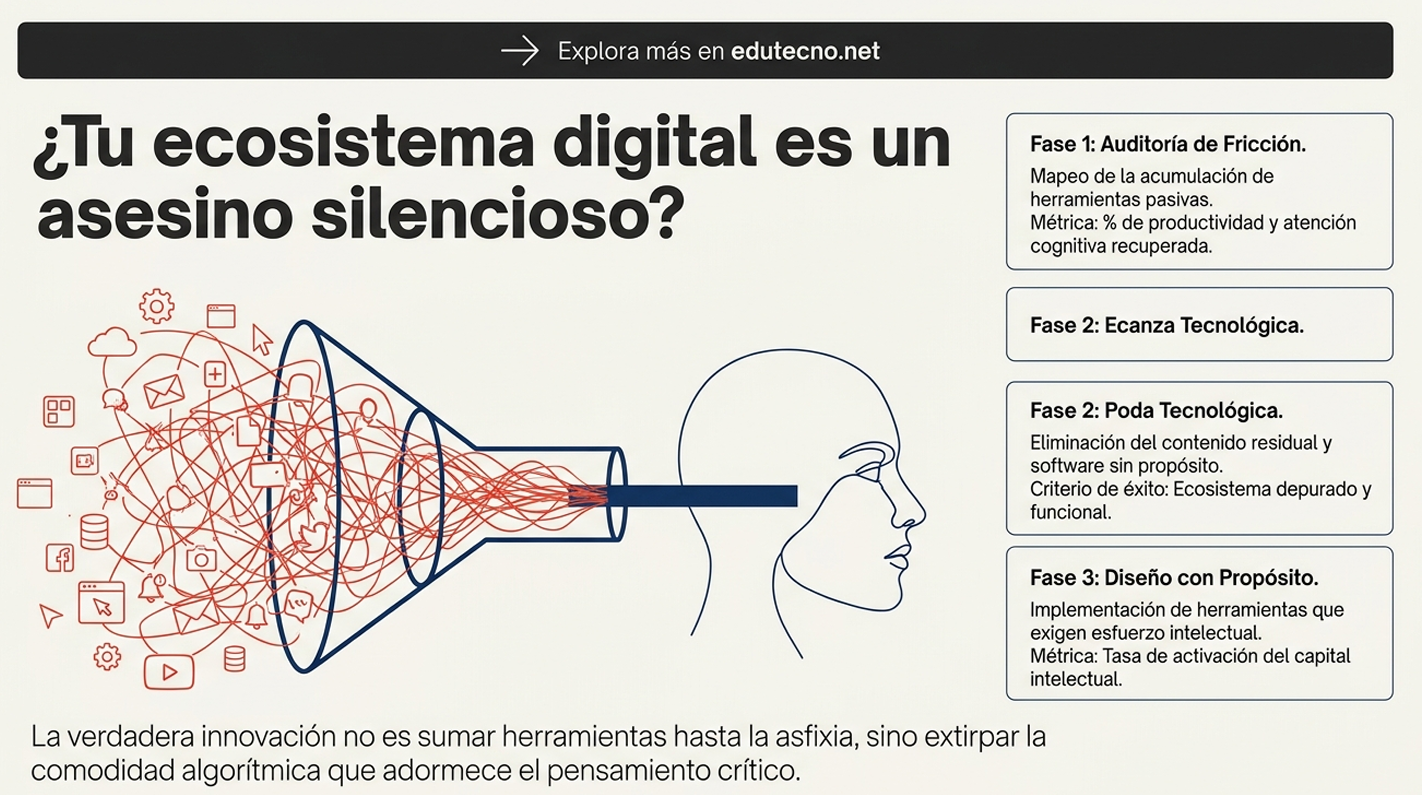 Ilustración con silueta humana y embudo digital, iconos rojos y texto sobre fases del ecosistema digital.