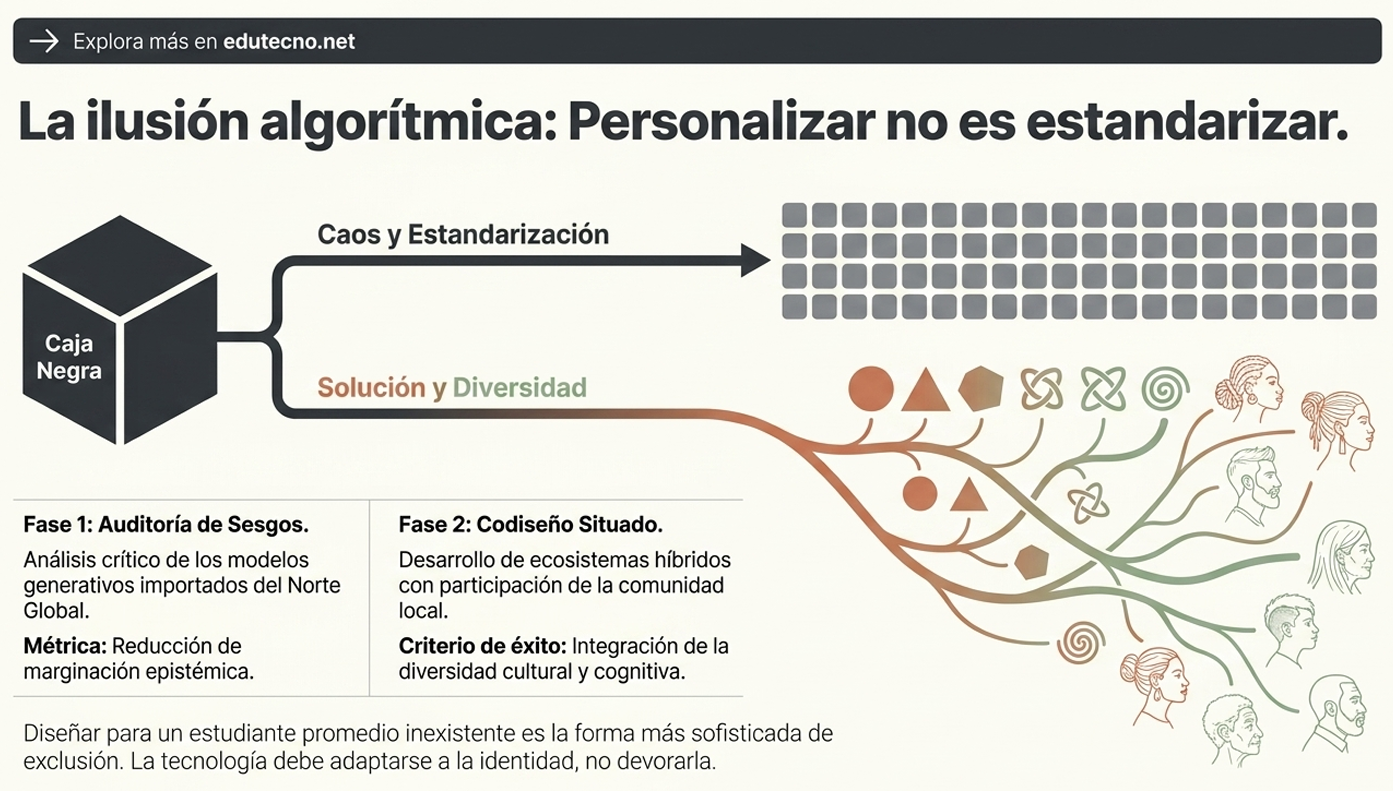 Infografía con caja negra, texto “La ilusión algorítmica” y fases, con ilustraciones de diversidad humana y símbolos.