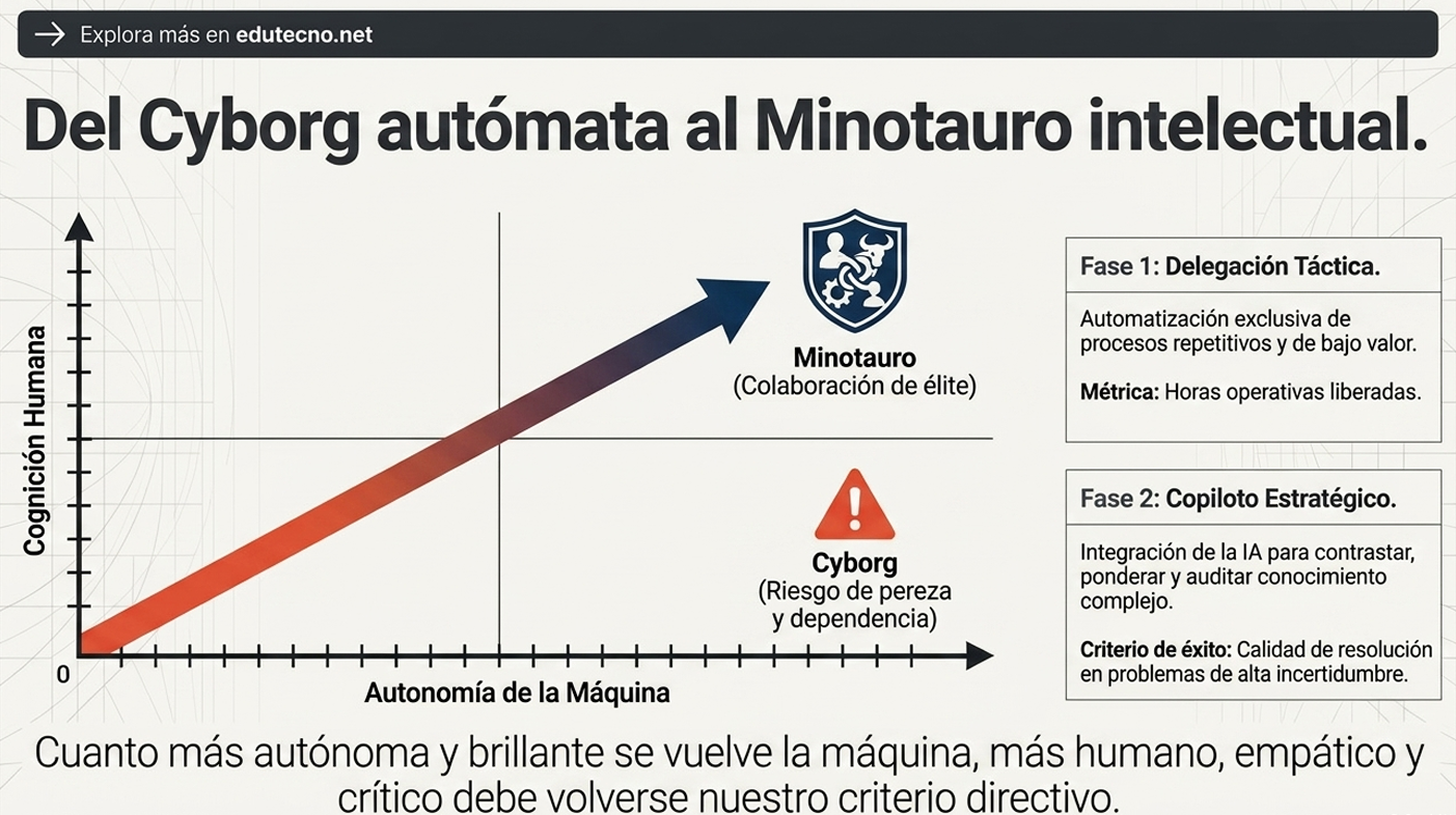Gráfico con flecha ascendente, ejes “Autonomía” y “Cognición”, icono Minotauro y advertencia Ciborg.