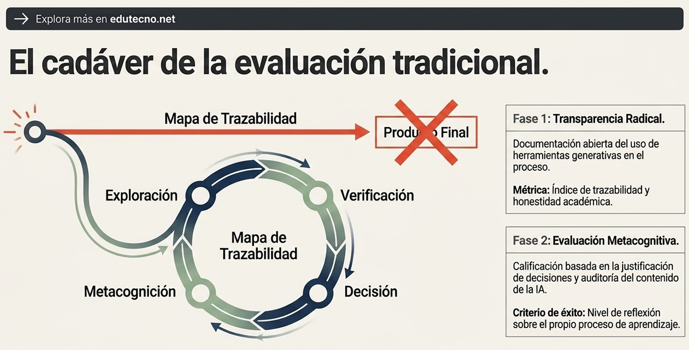 Infografía con mapa de trazabilidad, fases de evaluación y texto “El cadáver de la evaluación tradicional”.