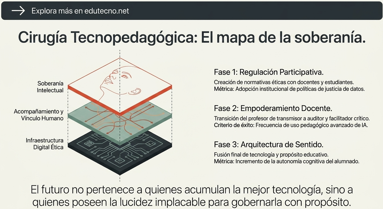 Ilustración 3D con rostro y capas, texto sobre “Cirugía Tecnopeadógica” y fases del mapa de soberanía.