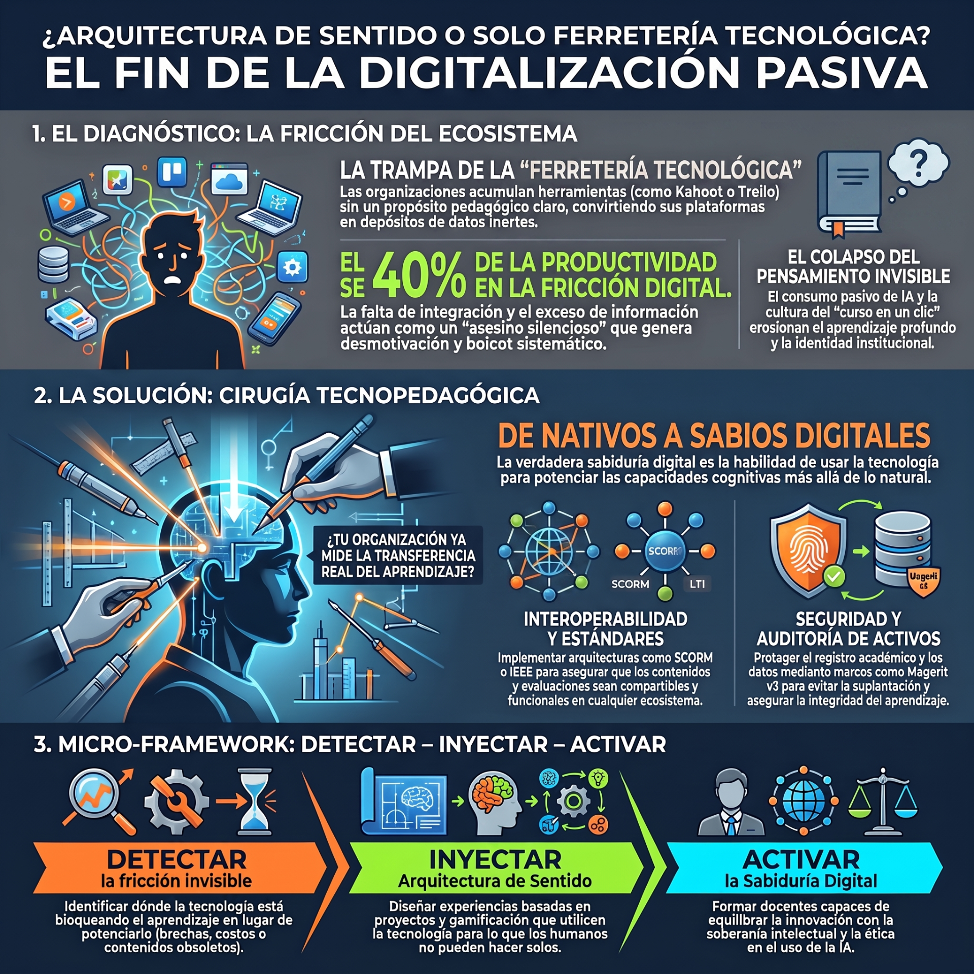 Infografía sobre digitalización pasiva, fricción tecnológica y solución tecnopedagógica con gráficos, texto y figuras.
