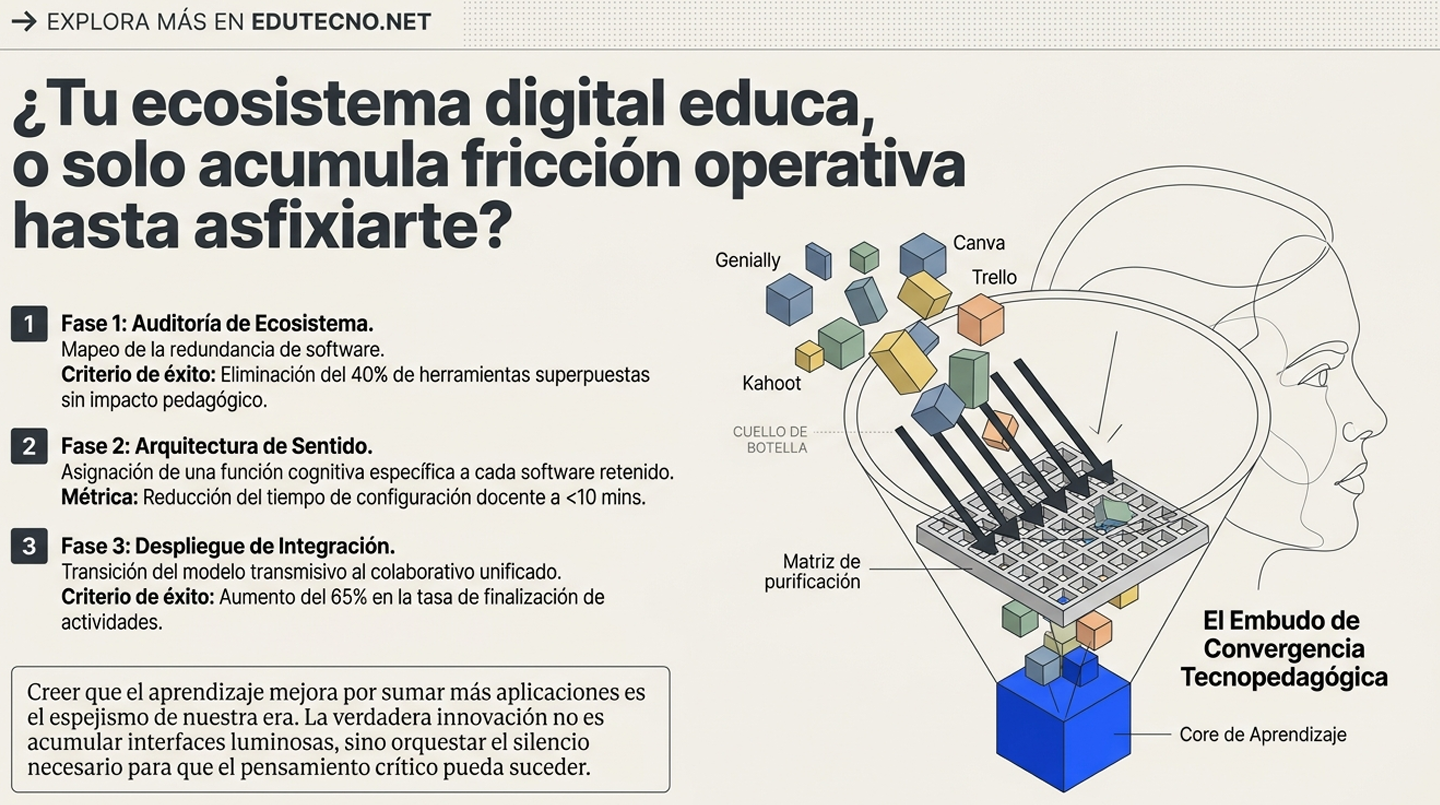 Ilustración educativa con texto sobre ecosistema digital, embudo de convergencia y cubos conectados alrededor de una cabeza.