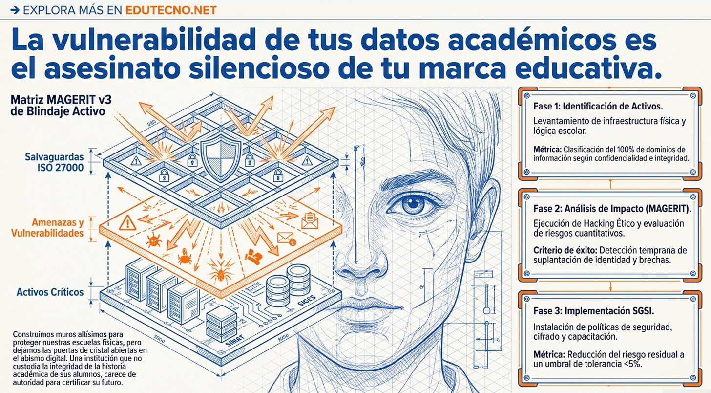 Ilustración educativa con escudo, servidores y matriz de seguridad, junto a fases de análisis y protección de datos.