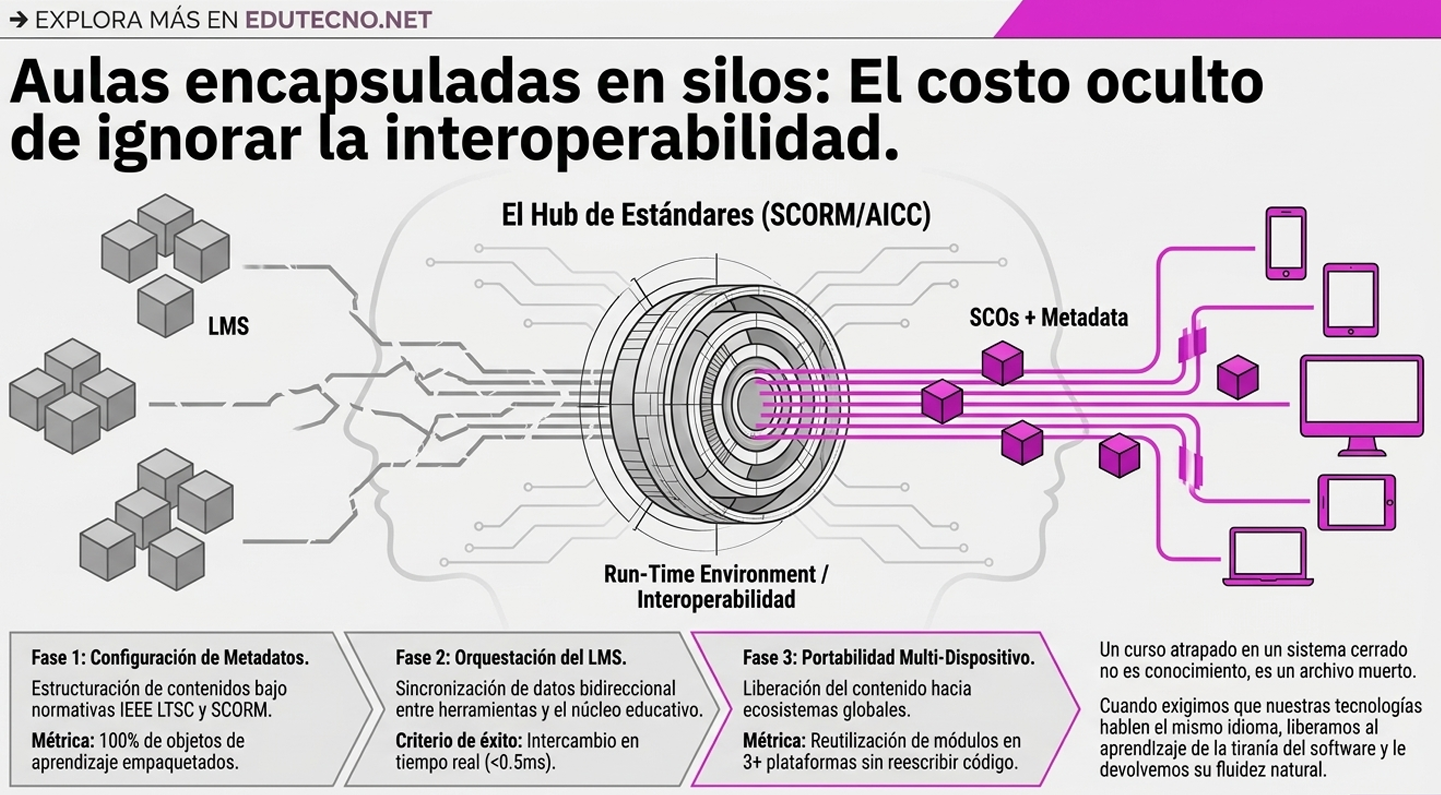 Diagrama educativo con texto sobre interoperabilidad, hub SCORM/AICC y flujo de datos entre dispositivos.