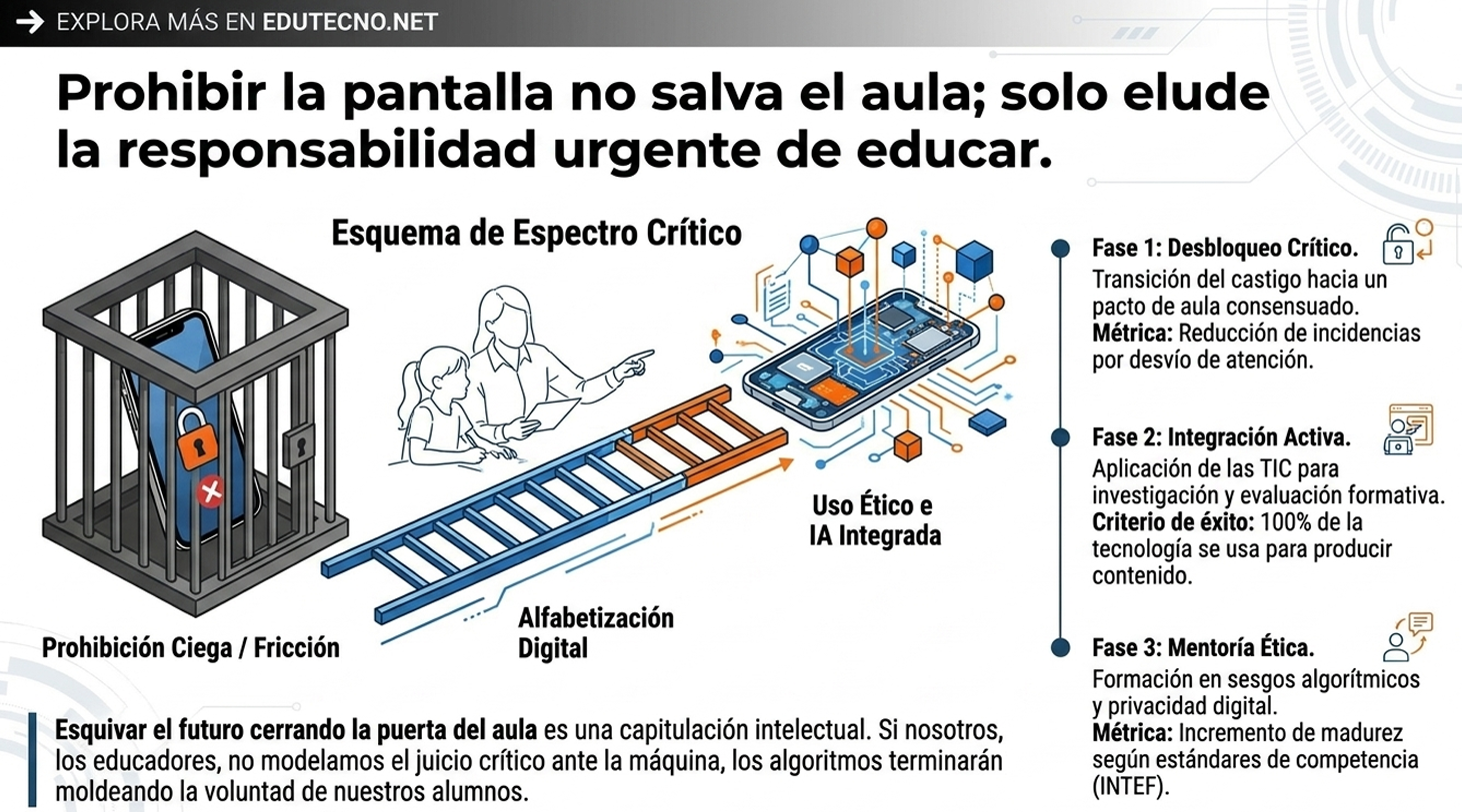 Ilustración educativa con aula, candado, circuito digital y texto sobre espectro crítico y uso ético de IA.