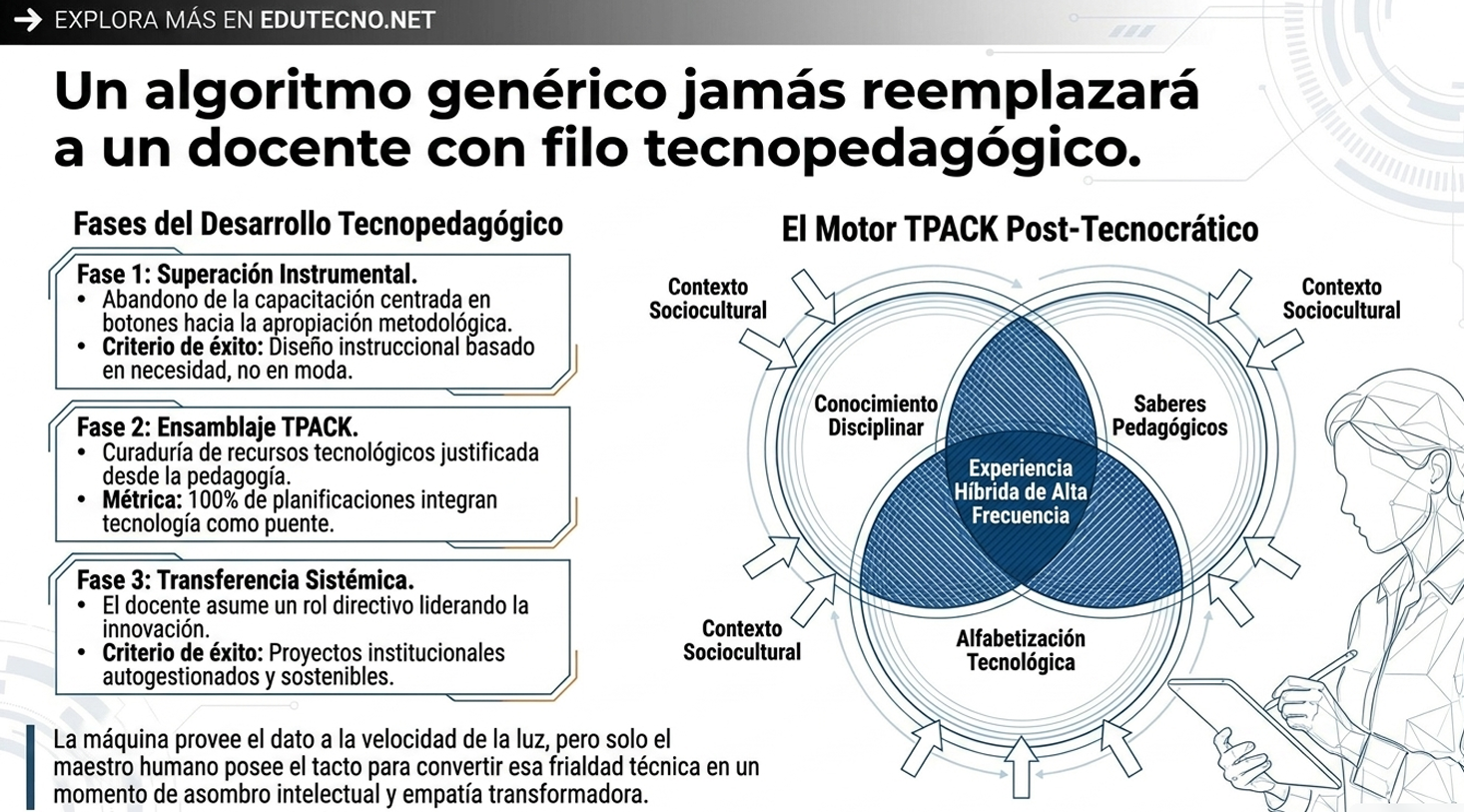 Infografía educativa con texto sobre TPACK, fases tecnopedagógicas y diagrama circular con contexto sociocultural.