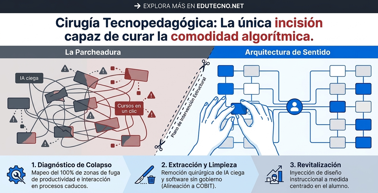Ilustración dividida con texto sobre cirugía tecnopedagógica, manos y diagramas de IA, nodos azules y rojos.