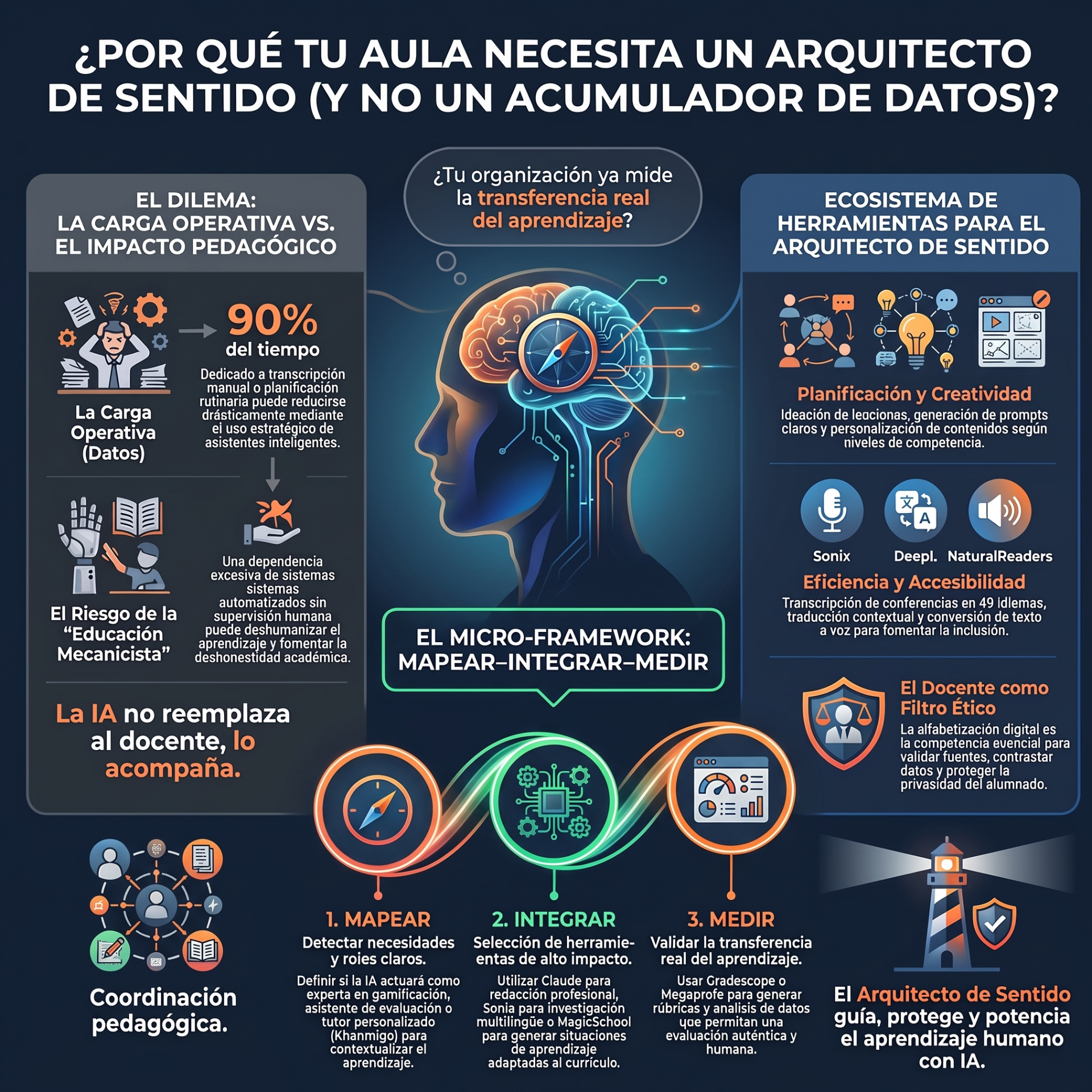 Infografía educativa sobre arquitecto de sentido: IA, micro-framework Mapea-Integrar-Medir, herramientas y eficiencia pedagógica.