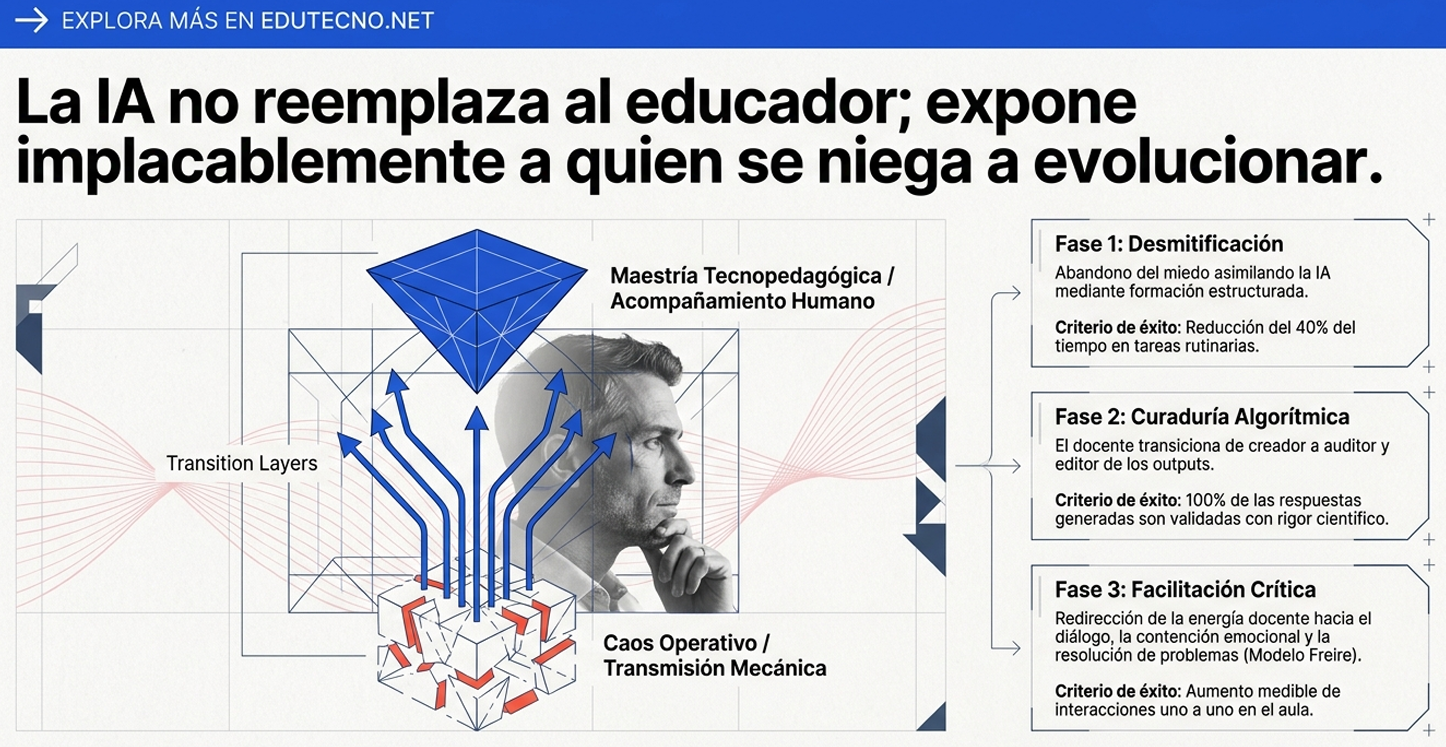 Infografía educativa con texto sobre IA, un hombre pensativo y fases numeradas con criterios de éxito.