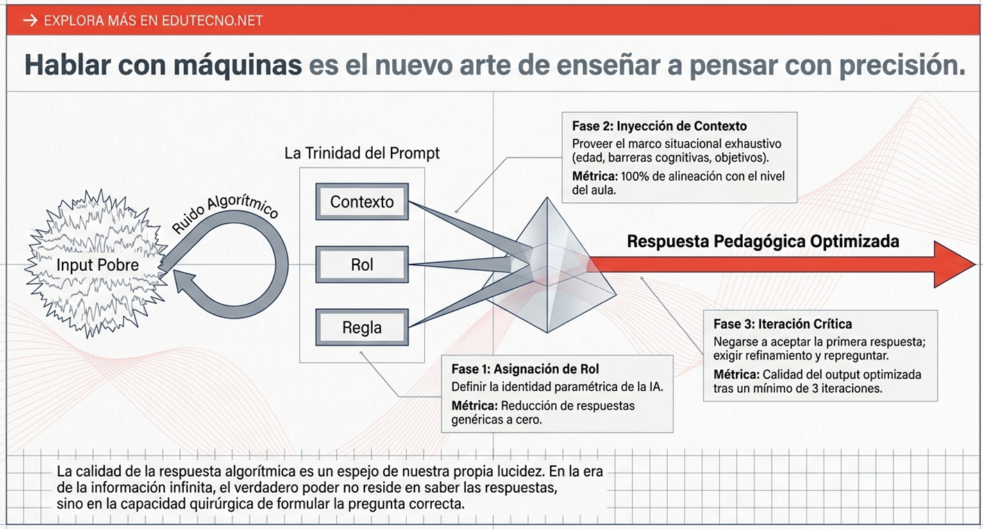 Diagrama educativo con texto sobre “La Trinidad del Prompt”, fases y respuesta pedagógica optimizada.