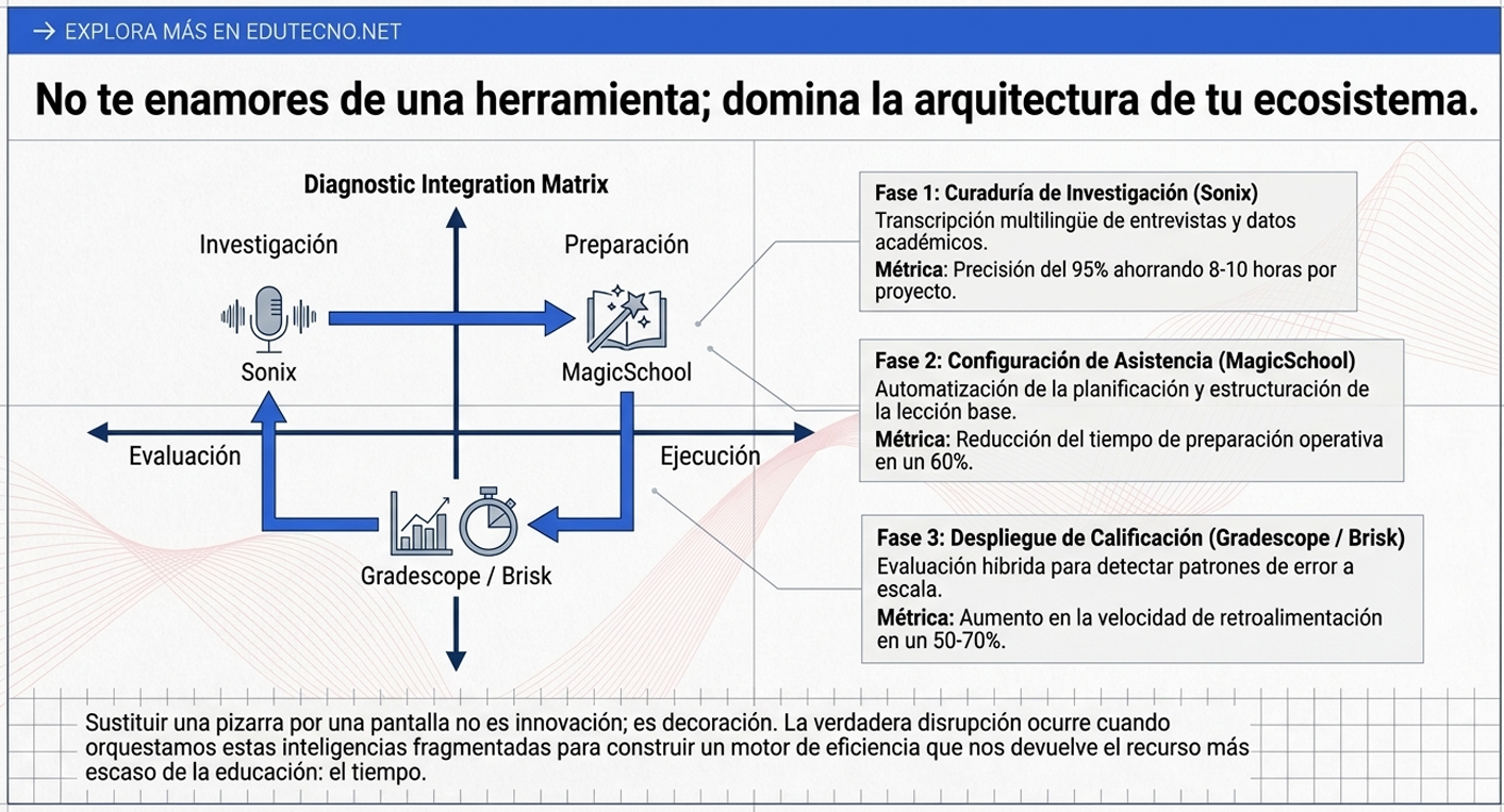 Diagrama educativo con matriz de integración, fases Sonix, MagicSchool y Gradescope, con texto y métricas.