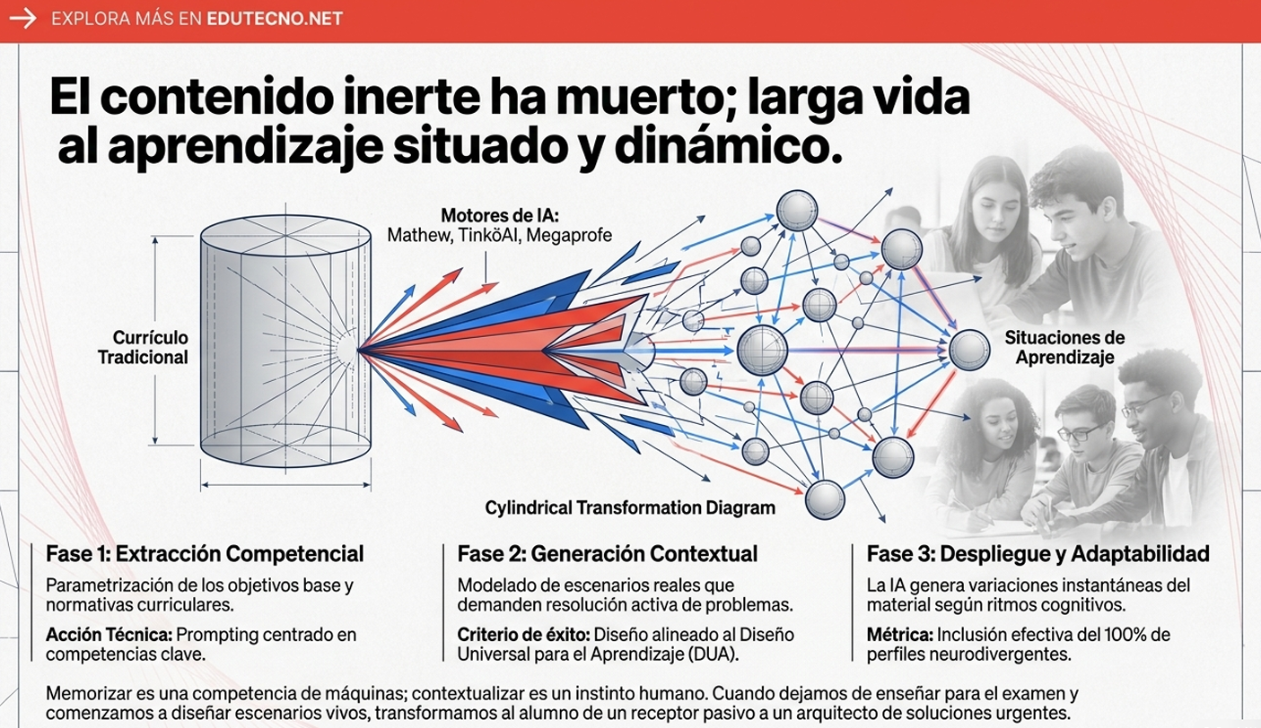 Infografía educativa con texto sobre aprendizaje situado, diagrama de transformación cilíndrica y estudiantes trabajando en grupo.