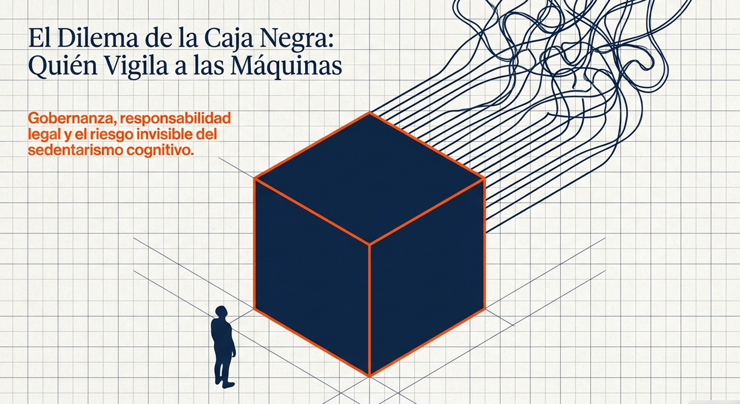 Cubo azul con borde naranja sobre papel cuadriculado, persona pequeña y cables negros enredados detrás.